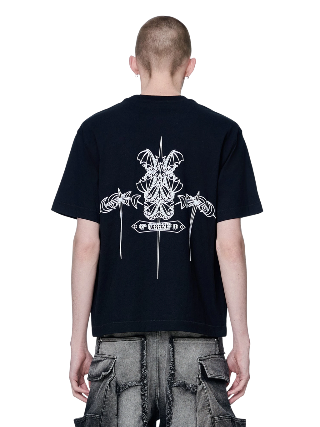 TBHNP black Emblem & Shadowbat tee, back flat-lay with emblem graphic — men's streetwear tee