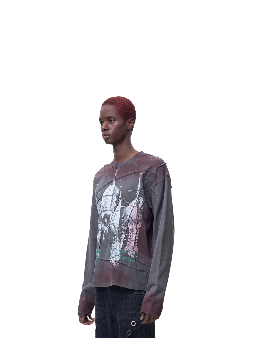 Model styling TBHNP black crinkle-wash long-sleeve tee, front detail — men's streetwear tee