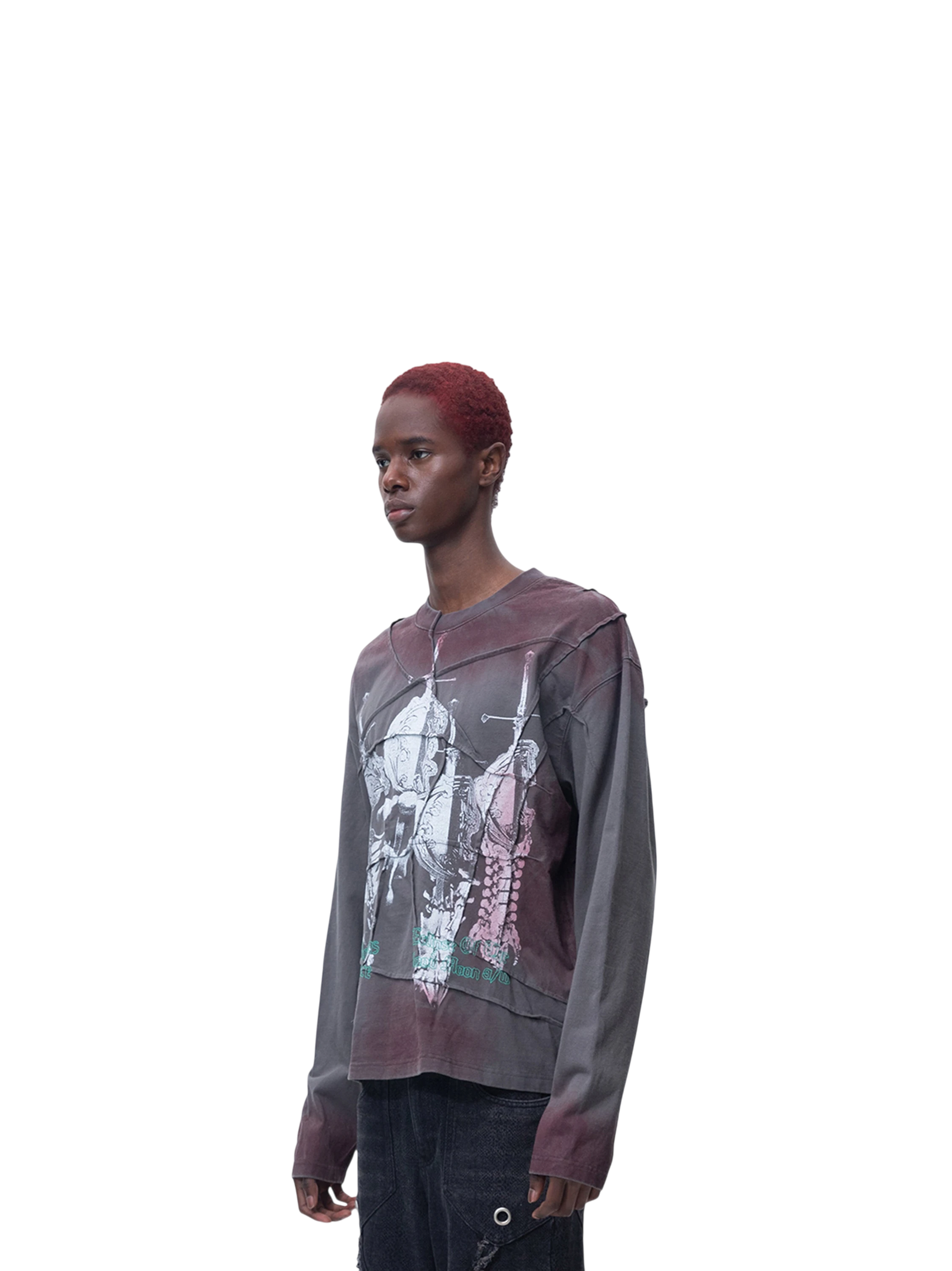 Model styling TBHNP black crinkle-wash long-sleeve tee, front detail — men's streetwear tee