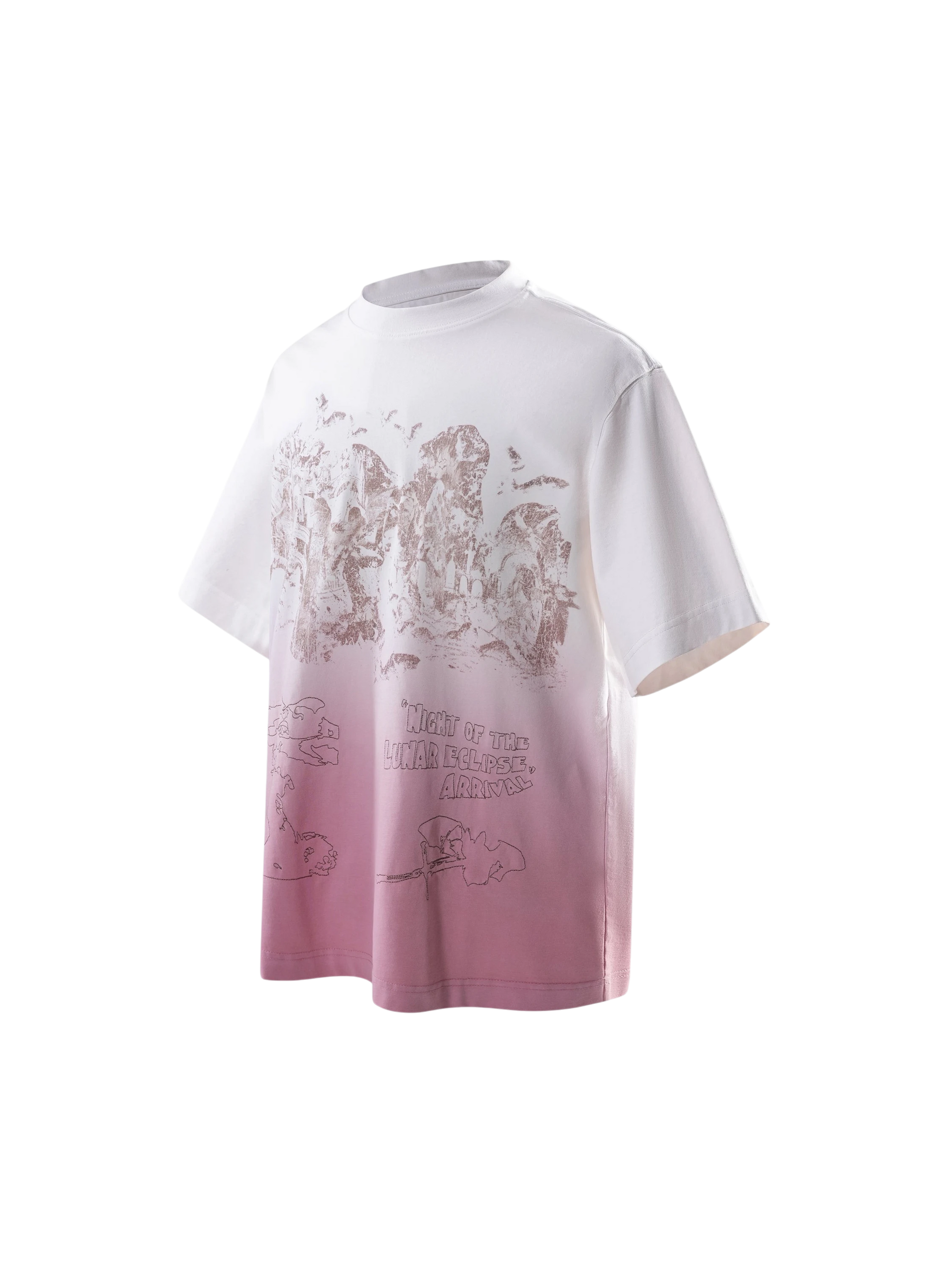 TBHNP white arrival short-sleeve tee with pink dip-dye, back flat-lay — men's streetwear tee
