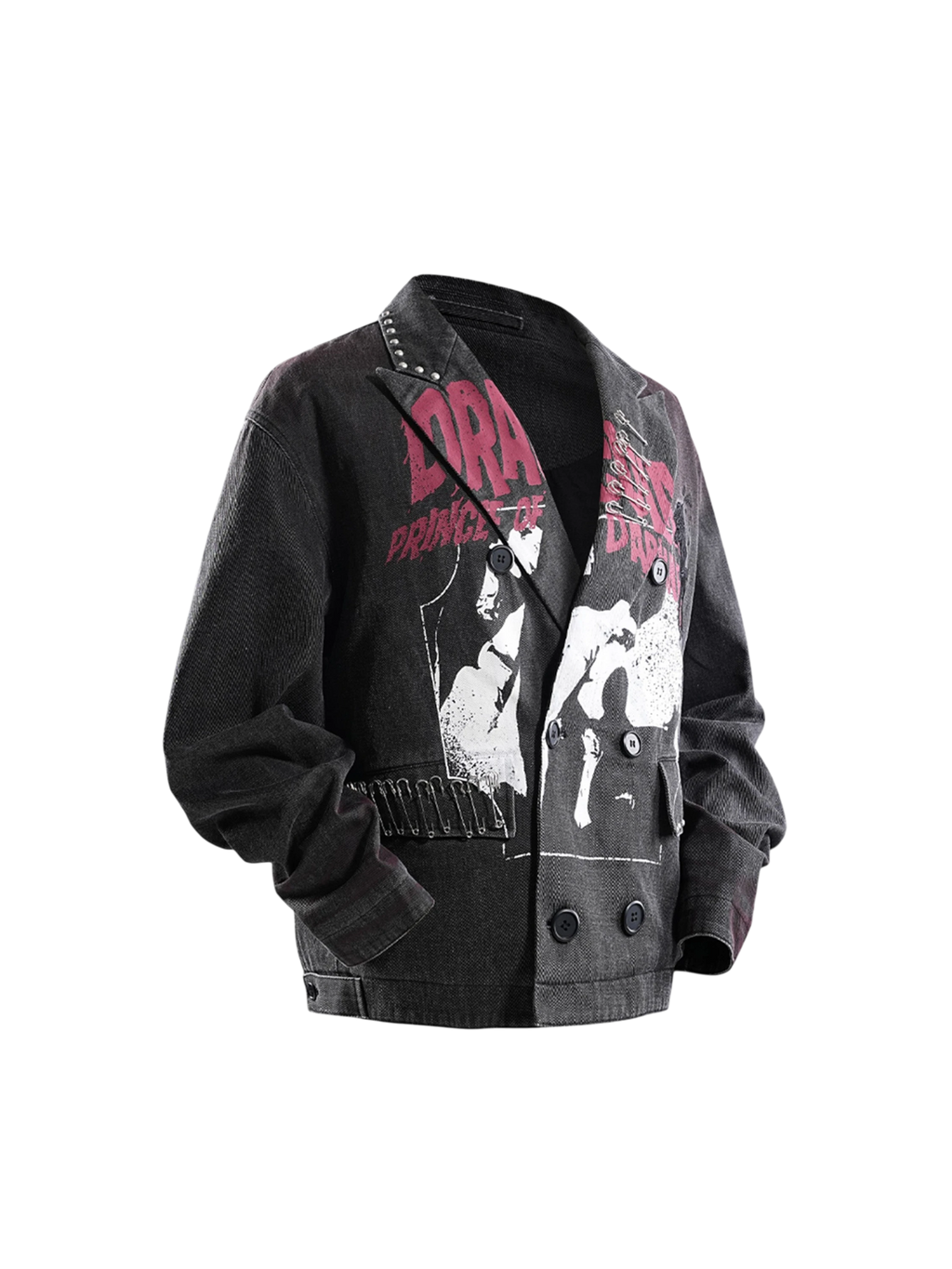Model styling TBHNP black graphic blazer with plaid skirt, front — men's streetwear