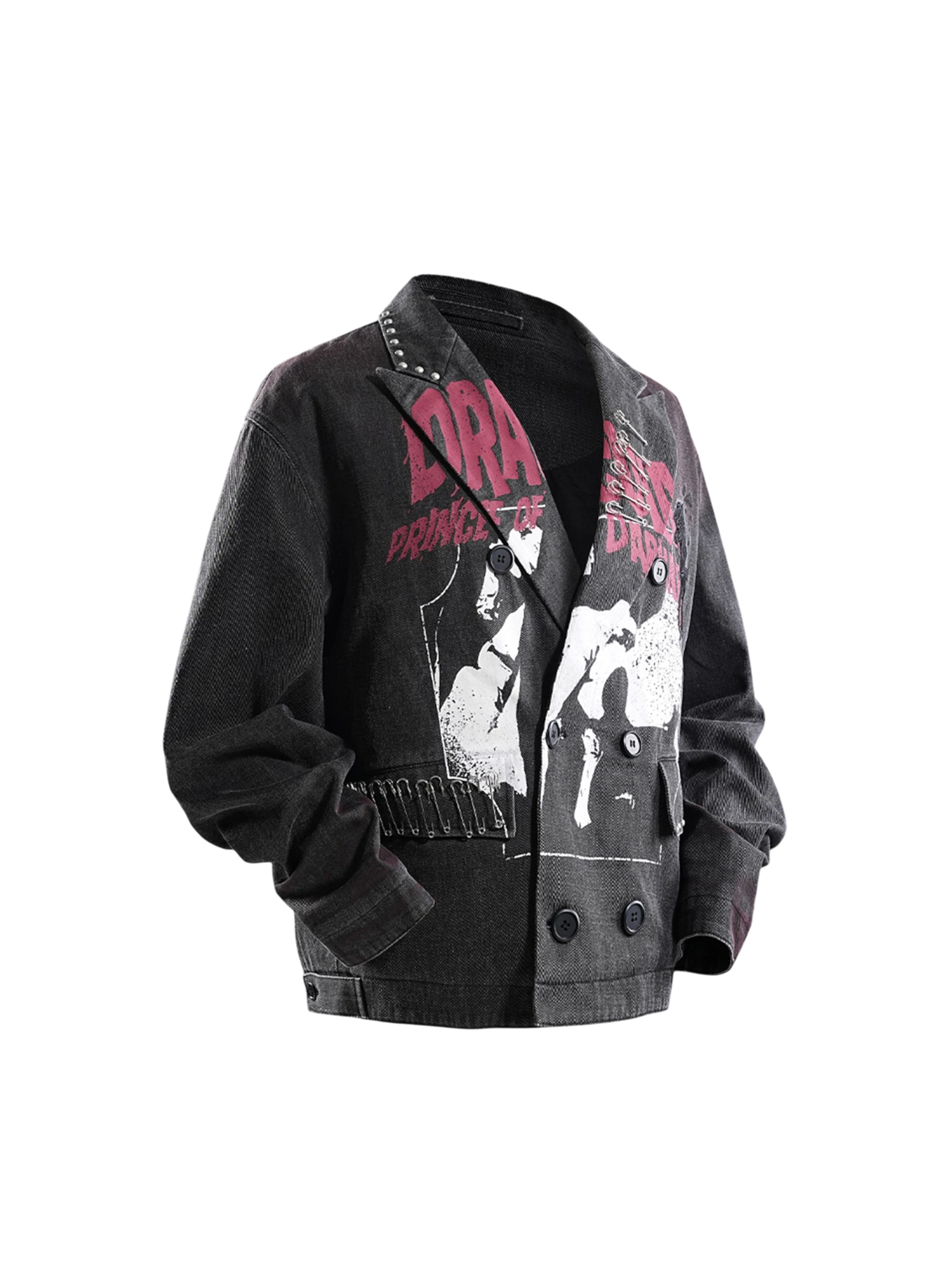 Model styling TBHNP black graphic blazer with plaid skirt, front — men's streetwear