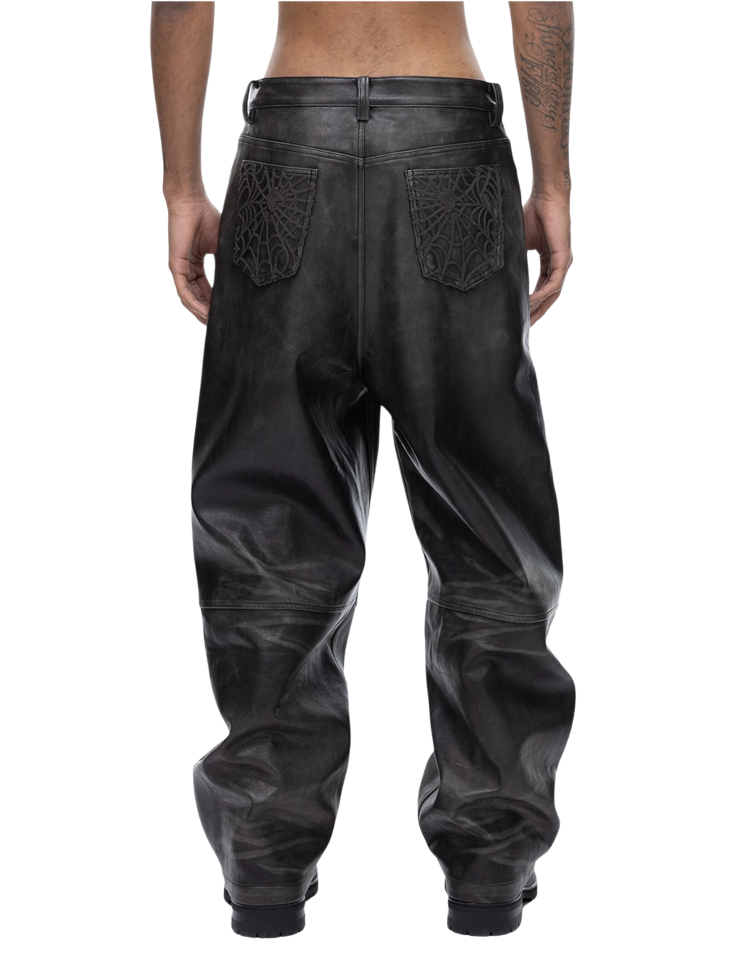ECLIPSE OF THE BLOOD MOON COBWEB EMBROIDERED FAUX LEATHER PANTS