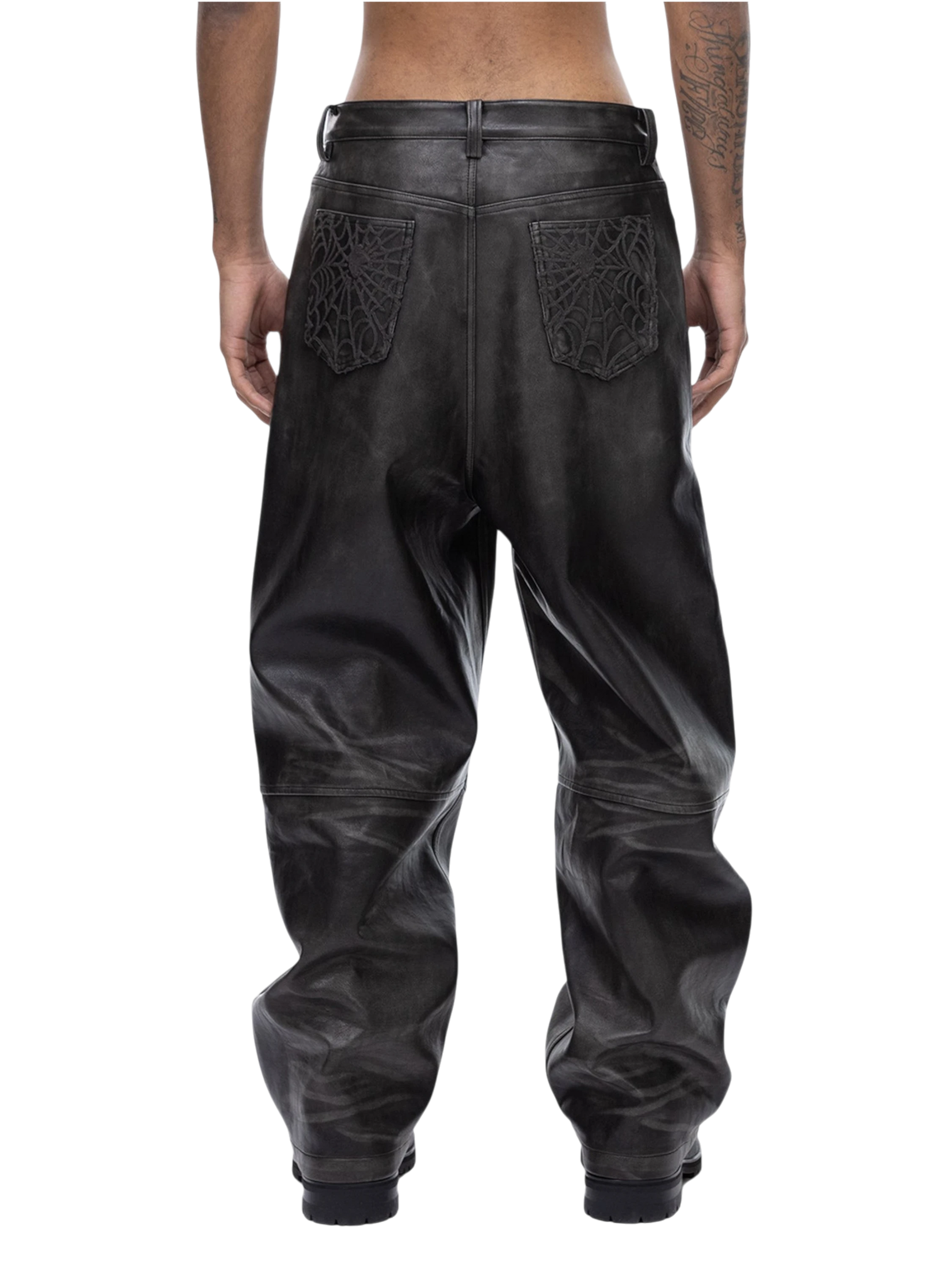 TBHNP Eclipse of the Blood Moon cobweb embroidered faux leather pants — men's gothic streetwear trousers