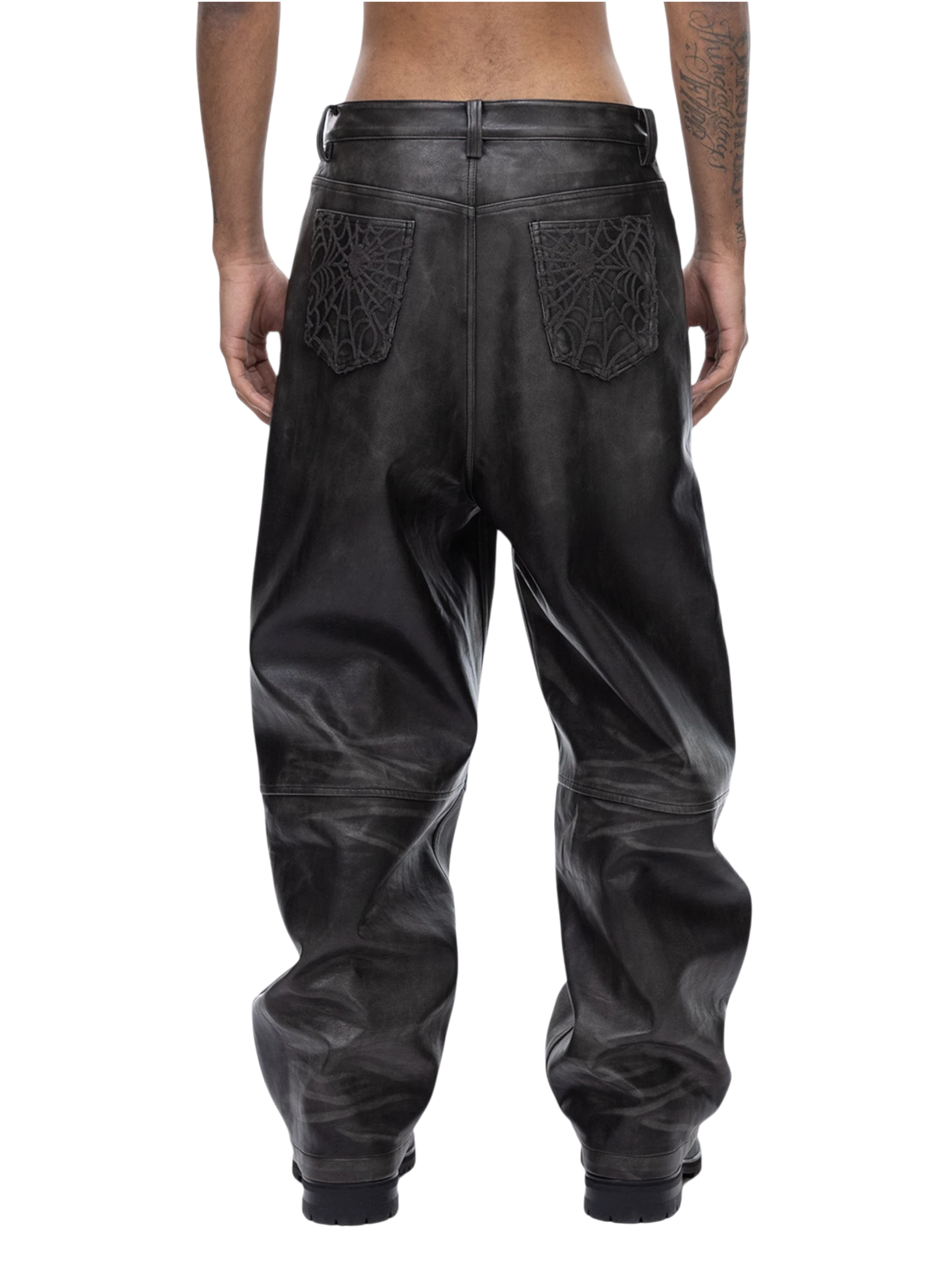 TBHNP Eclipse of the Blood Moon cobweb embroidered faux leather pants — men's gothic streetwear trousers