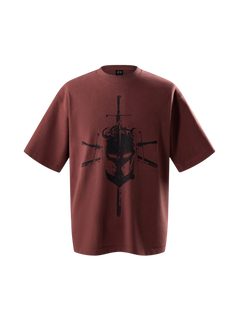 TBHNP Luminous Dawn Knight & Sword tee in red, front flat-lay — men's streetwear tee