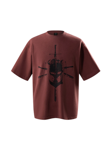 TBHNP Luminous Dawn Knight & Sword tee in red, front flat-lay — men's streetwear tee
