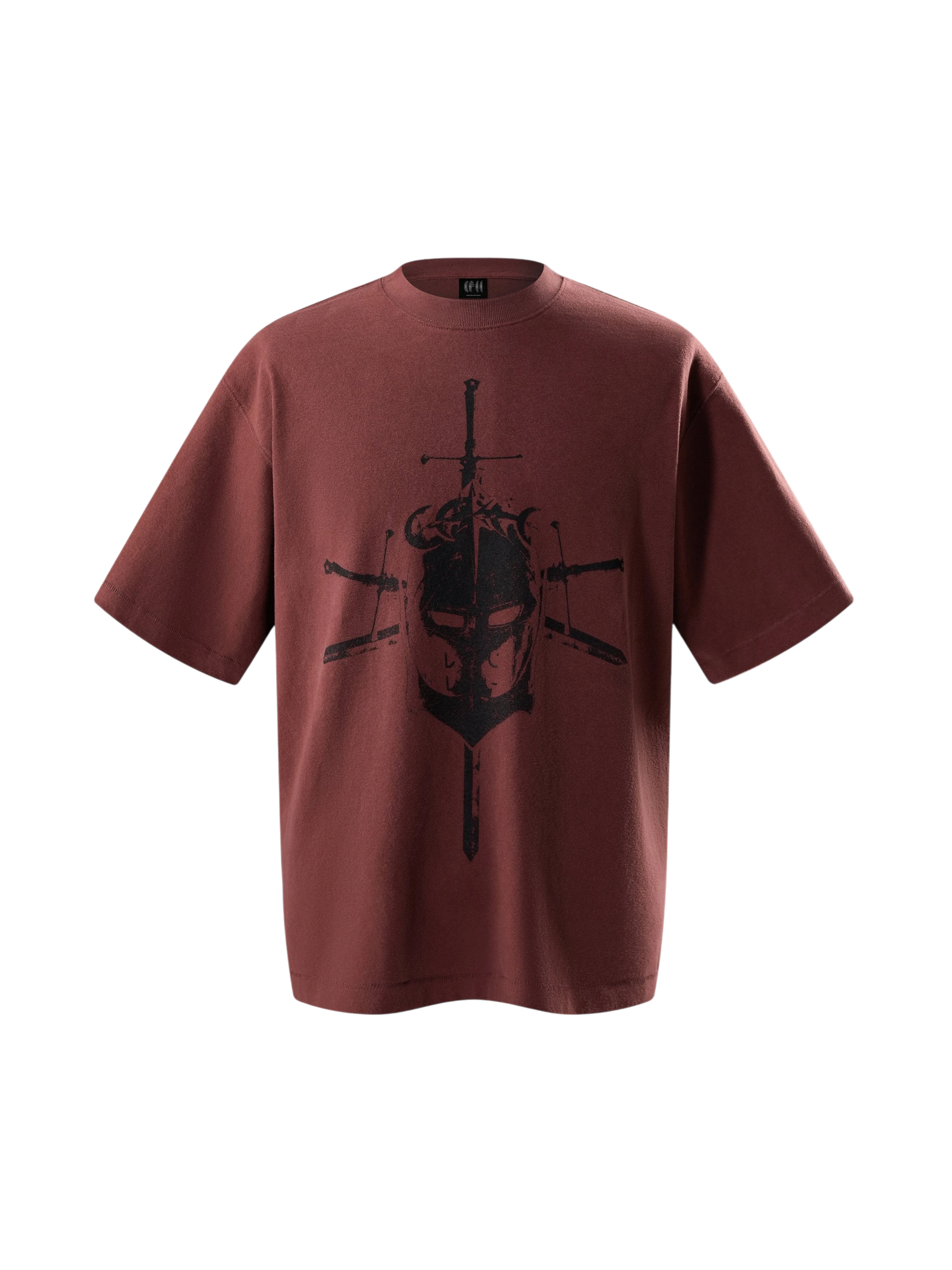 TBHNP Luminous Dawn Knight & Sword tee in red, front flat-lay — men's streetwear tee