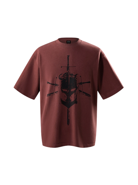 TBHNP Luminous Dawn Knight & Sword tee in red, front flat-lay — men's streetwear tee