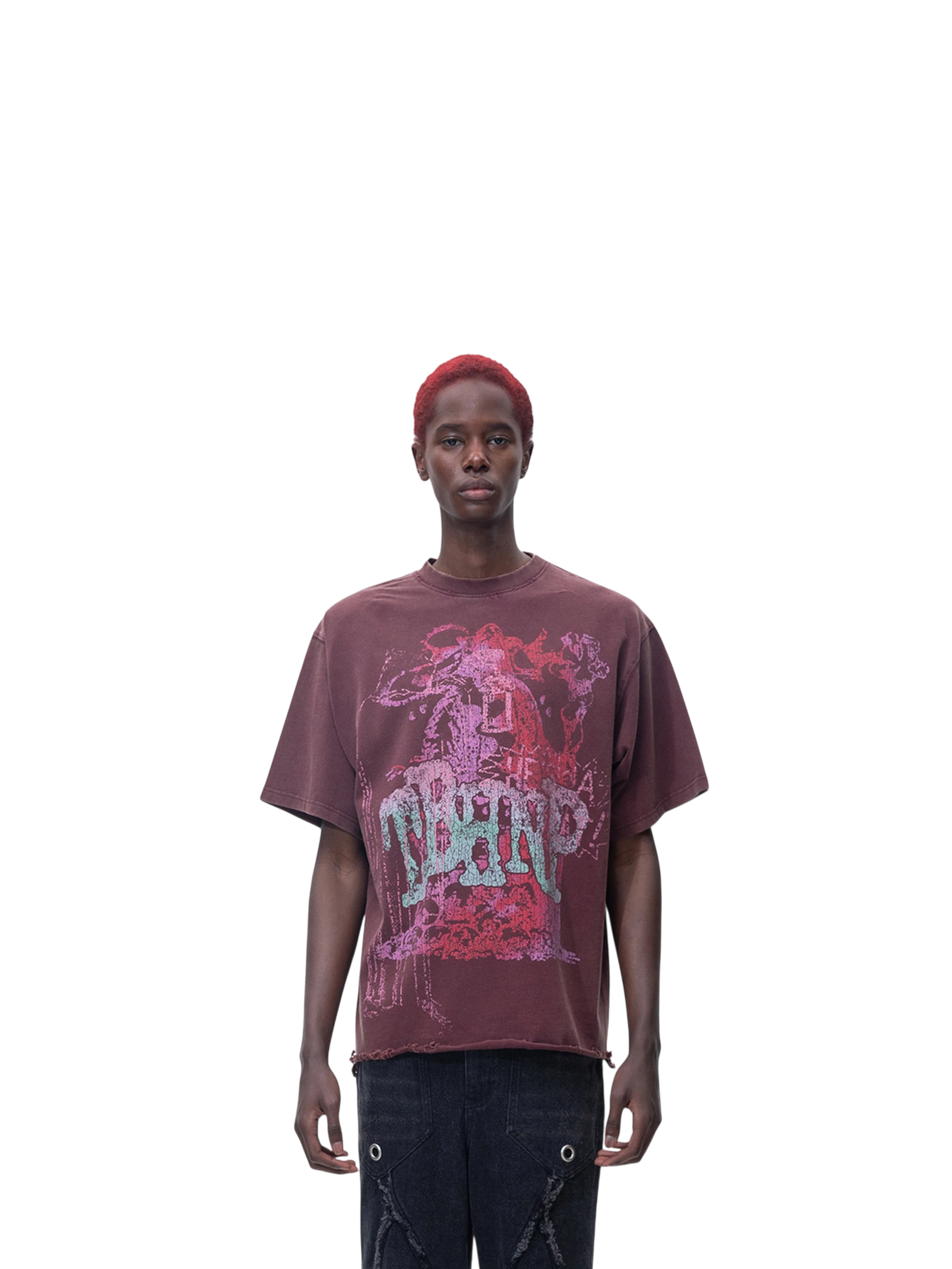 Model wearing TBHNP burgundy Wraith Sorcerer destroyed tee, front — men's streetwear tee