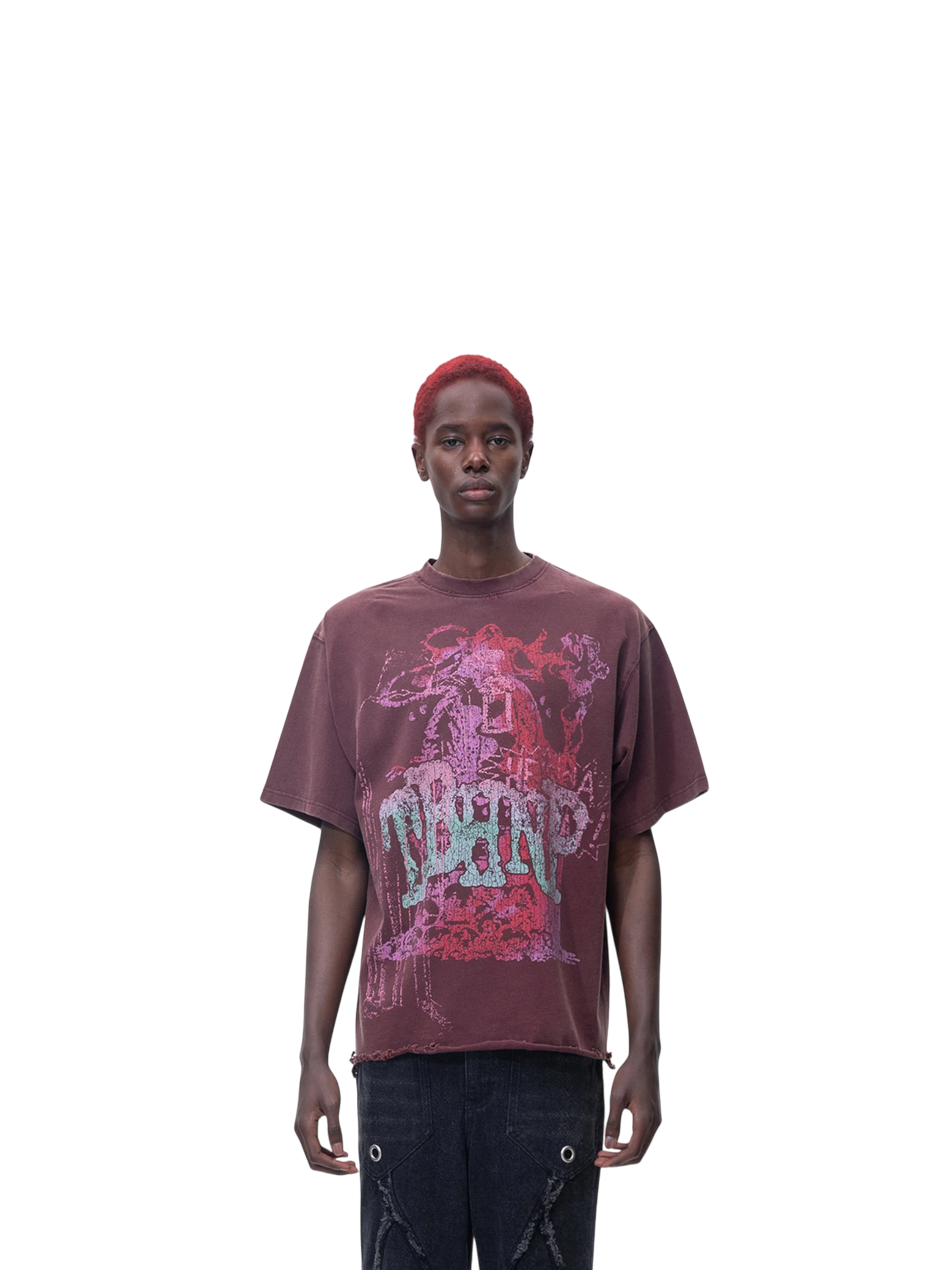 Model wearing TBHNP burgundy Wraith Sorcerer destroyed tee, front — men's streetwear tee