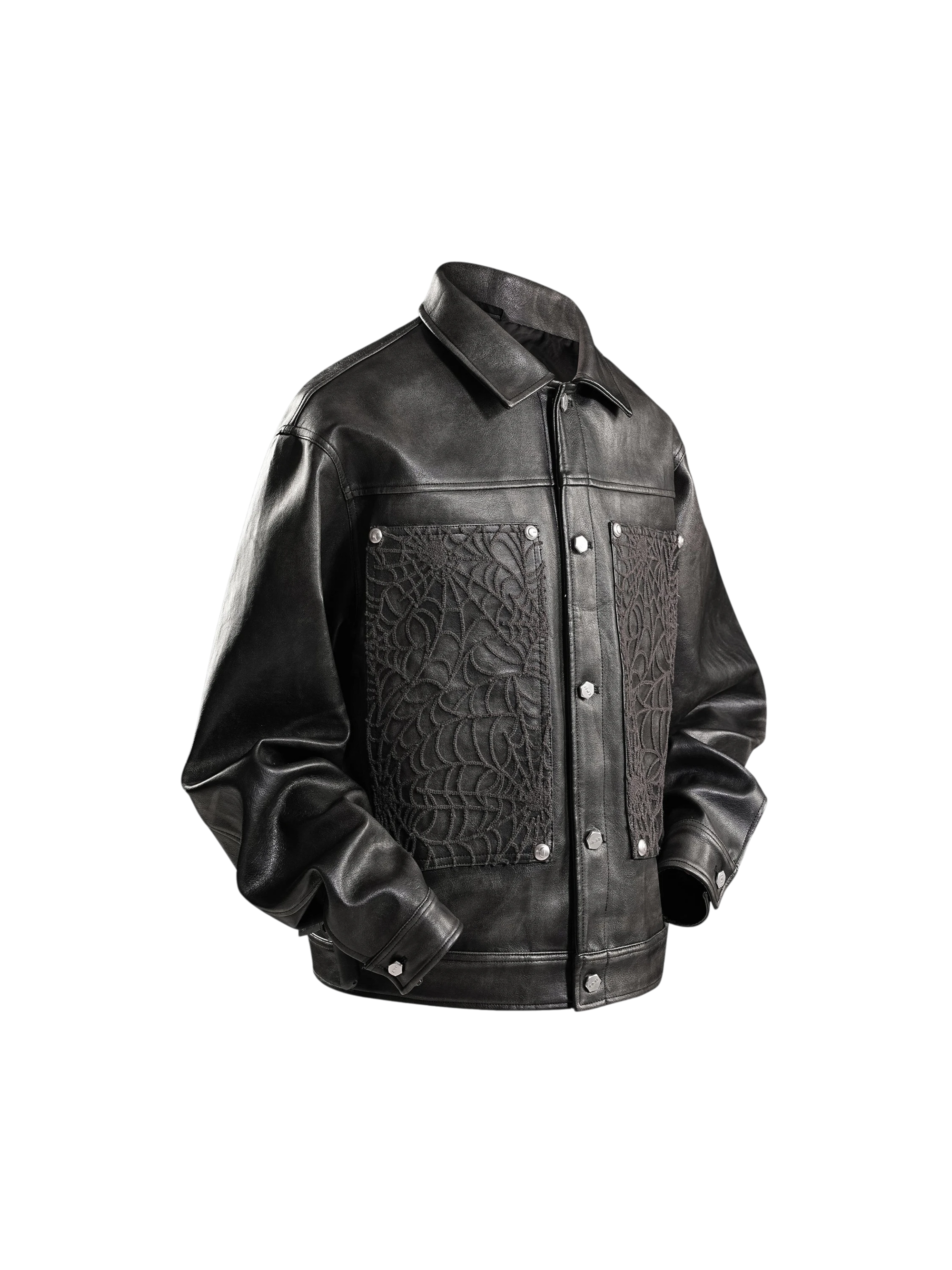 TBHNP Eclipse of the Blood Moon cobweb embroidered faux leather jacket — men's gothic streetwear jacket