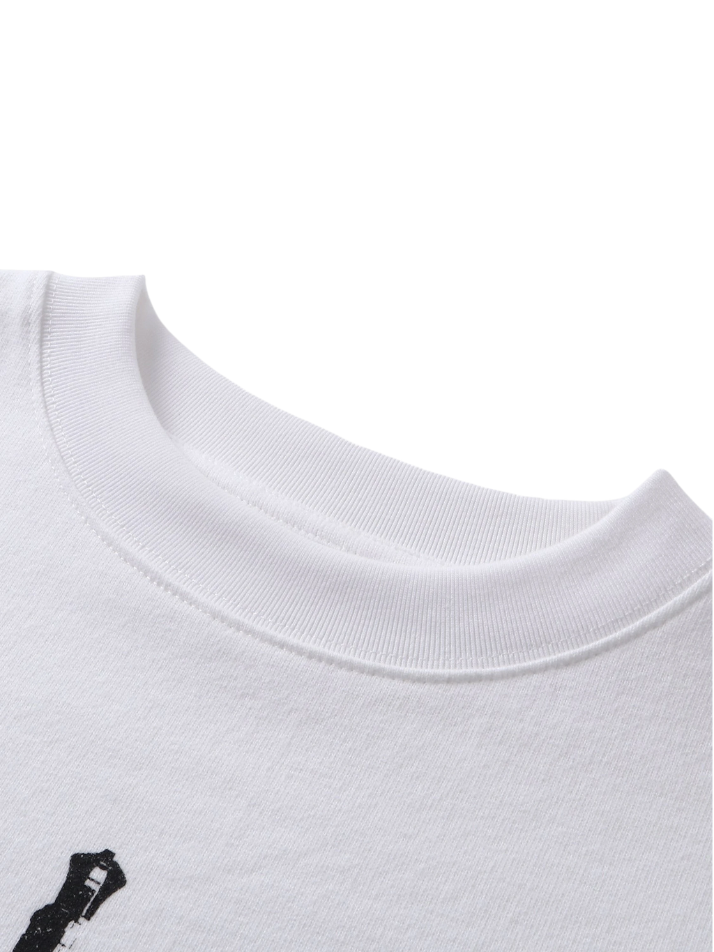Close-up of the crew neck on TBHNP white Knight & Sword tee — men's streetwear detail