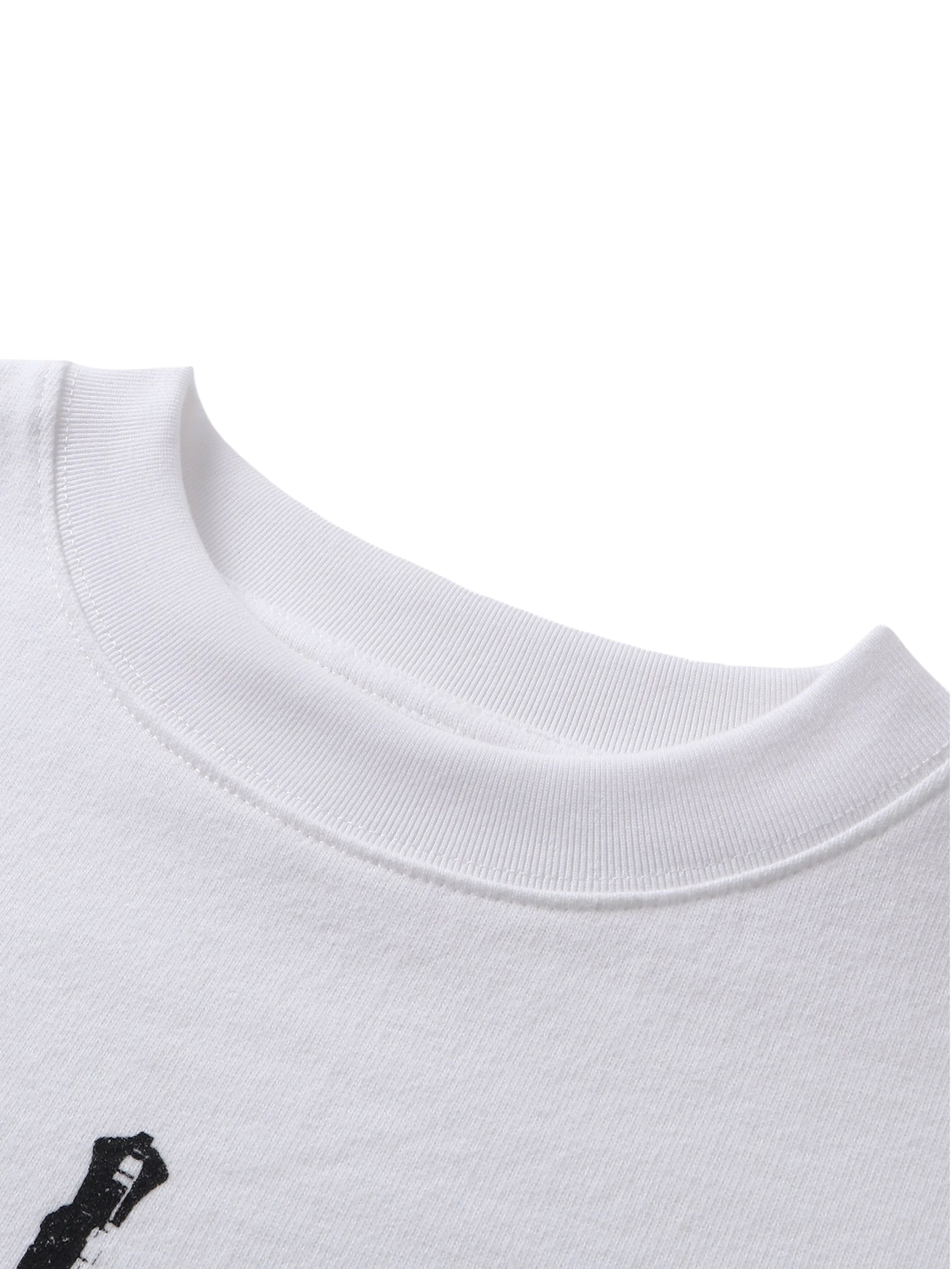 Close-up of the crew neck on TBHNP white Knight & Sword tee — men's streetwear detail