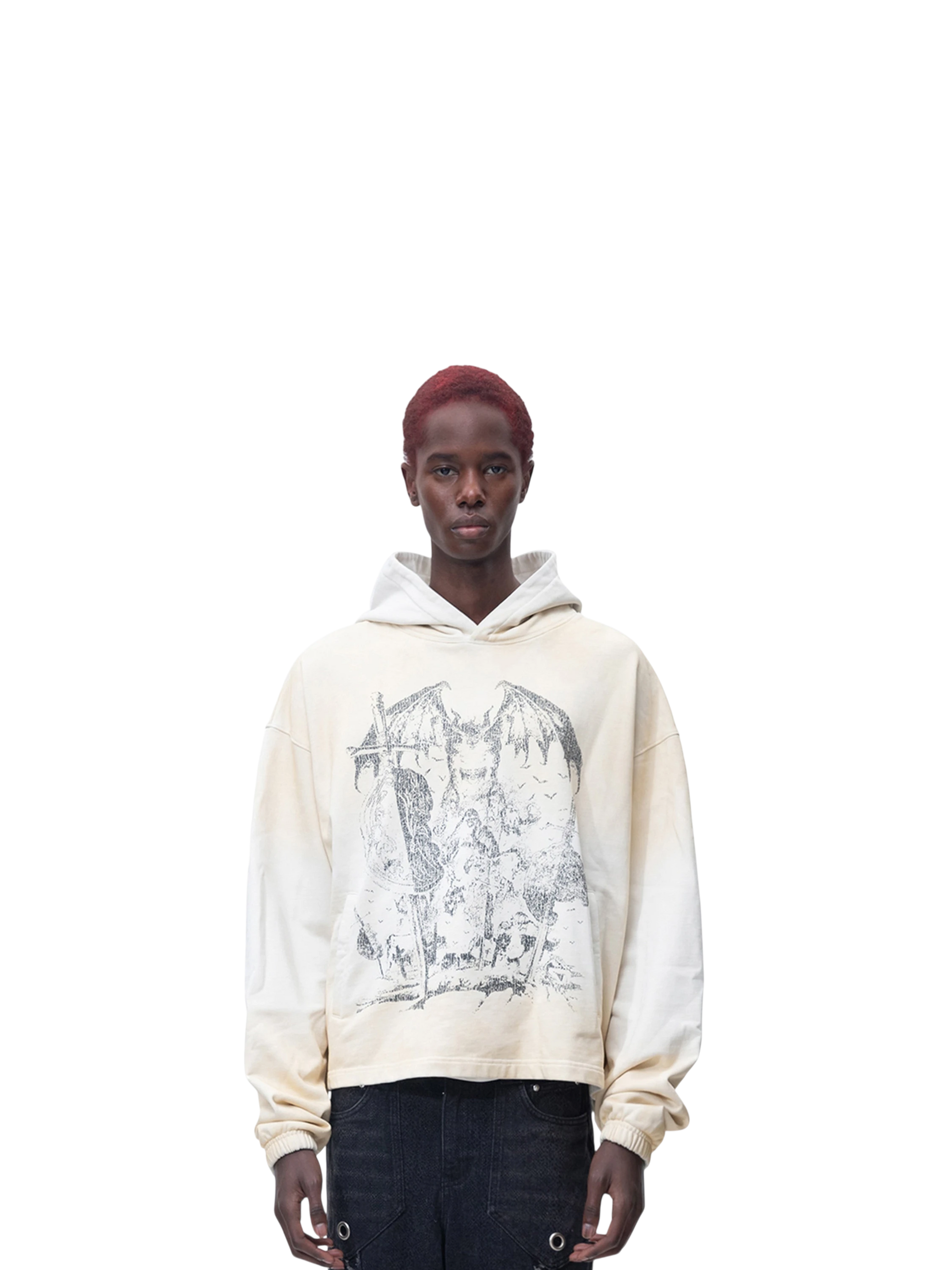 Model wearing TBHNP grayish-yellow knight hoodie, front — men's streetwear hoodie