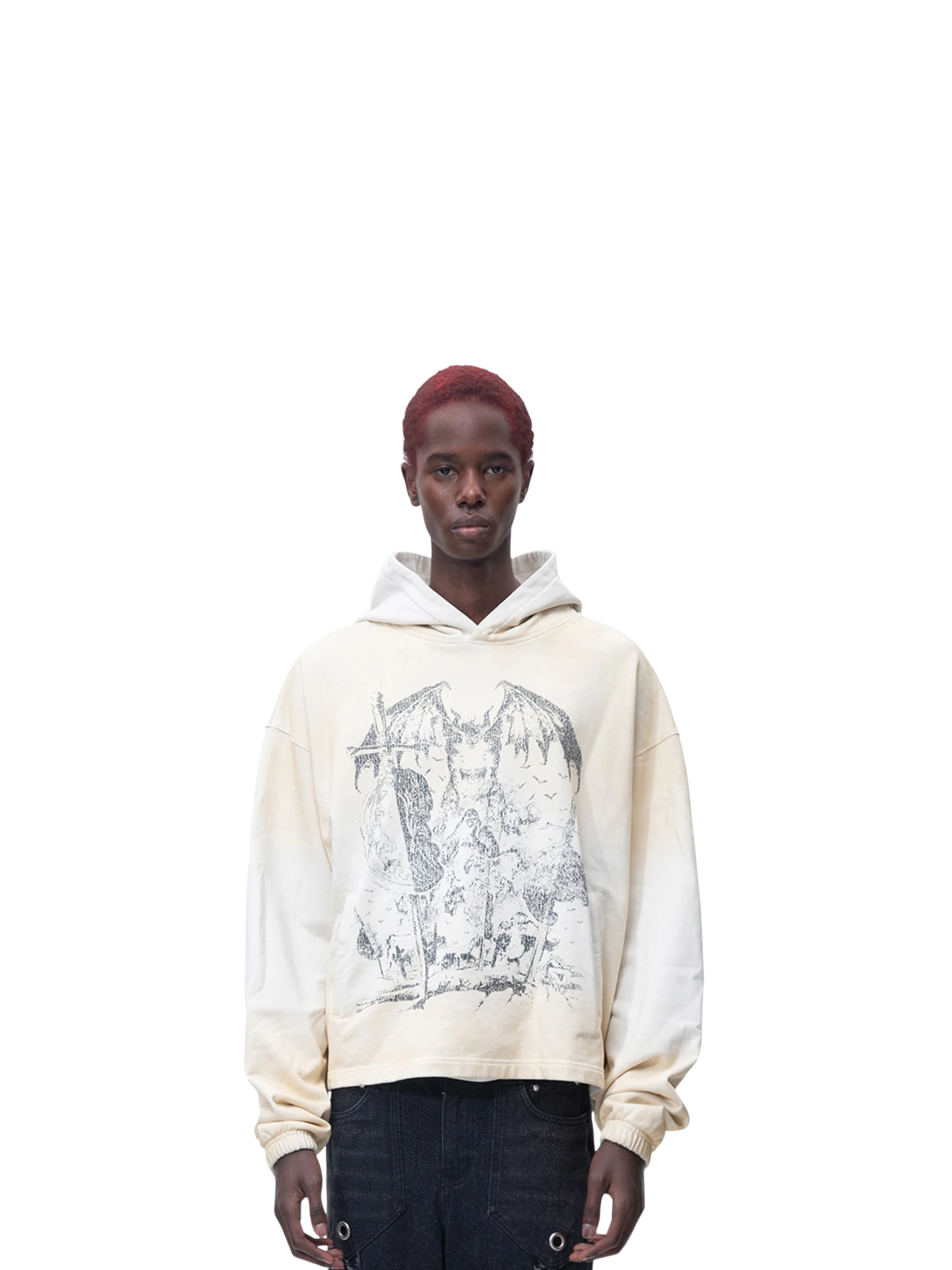 Model wearing TBHNP grayish-yellow knight hoodie, front — men's streetwear hoodie