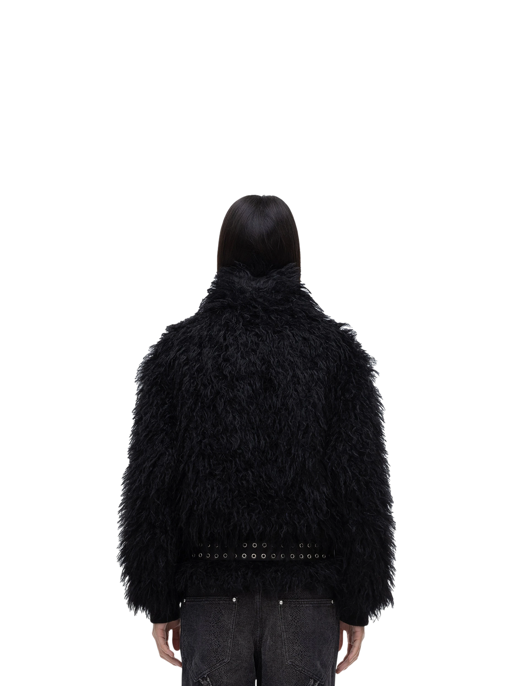 Model wearing TBHNP black faux-fur bomber with collar up, back view — men's streetwear jacket