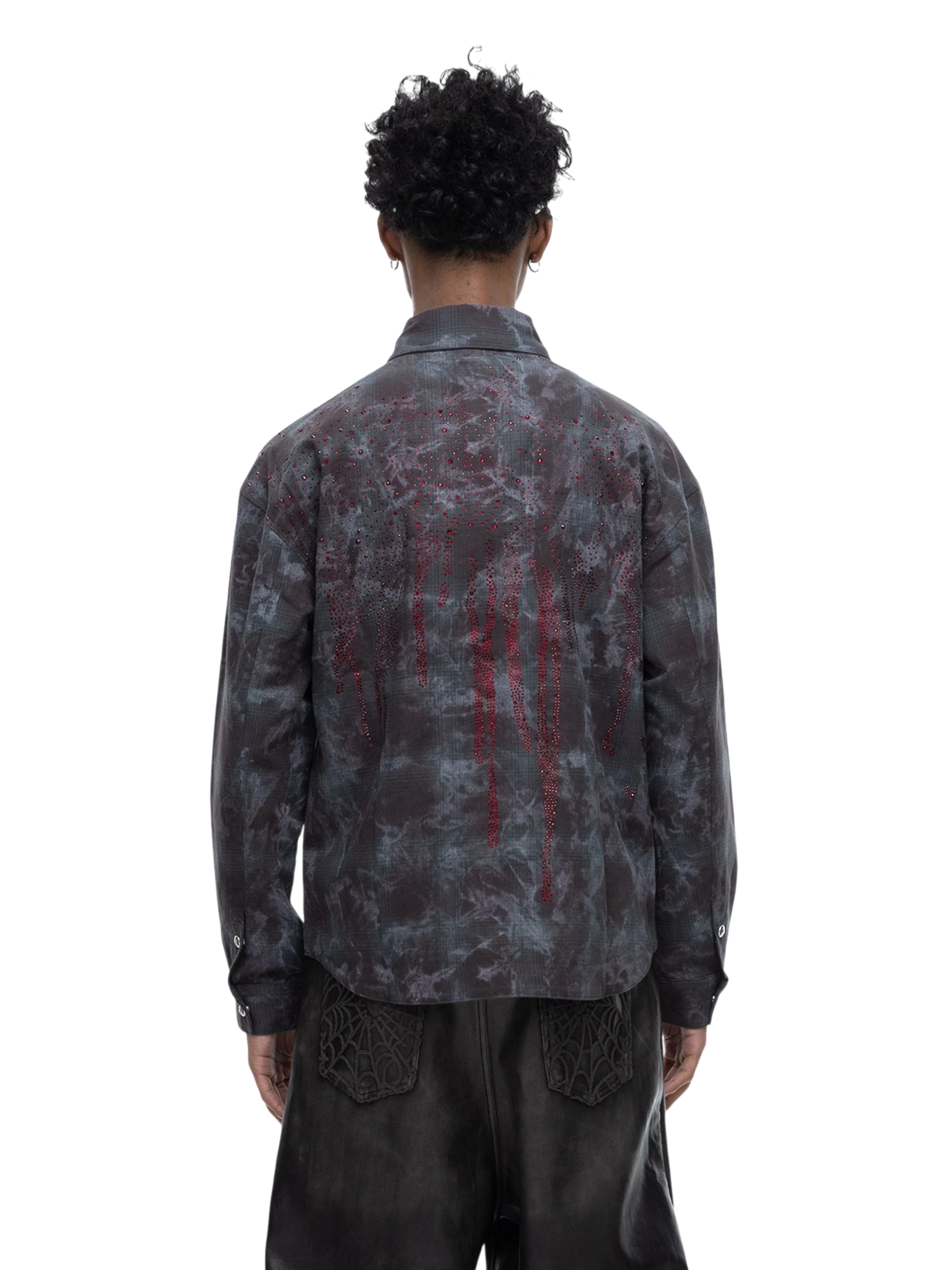 TBHNP Eclipse of the Blood Moon rhinestone buckle plaid flannel shirt — men's gothic streetwear button-up
