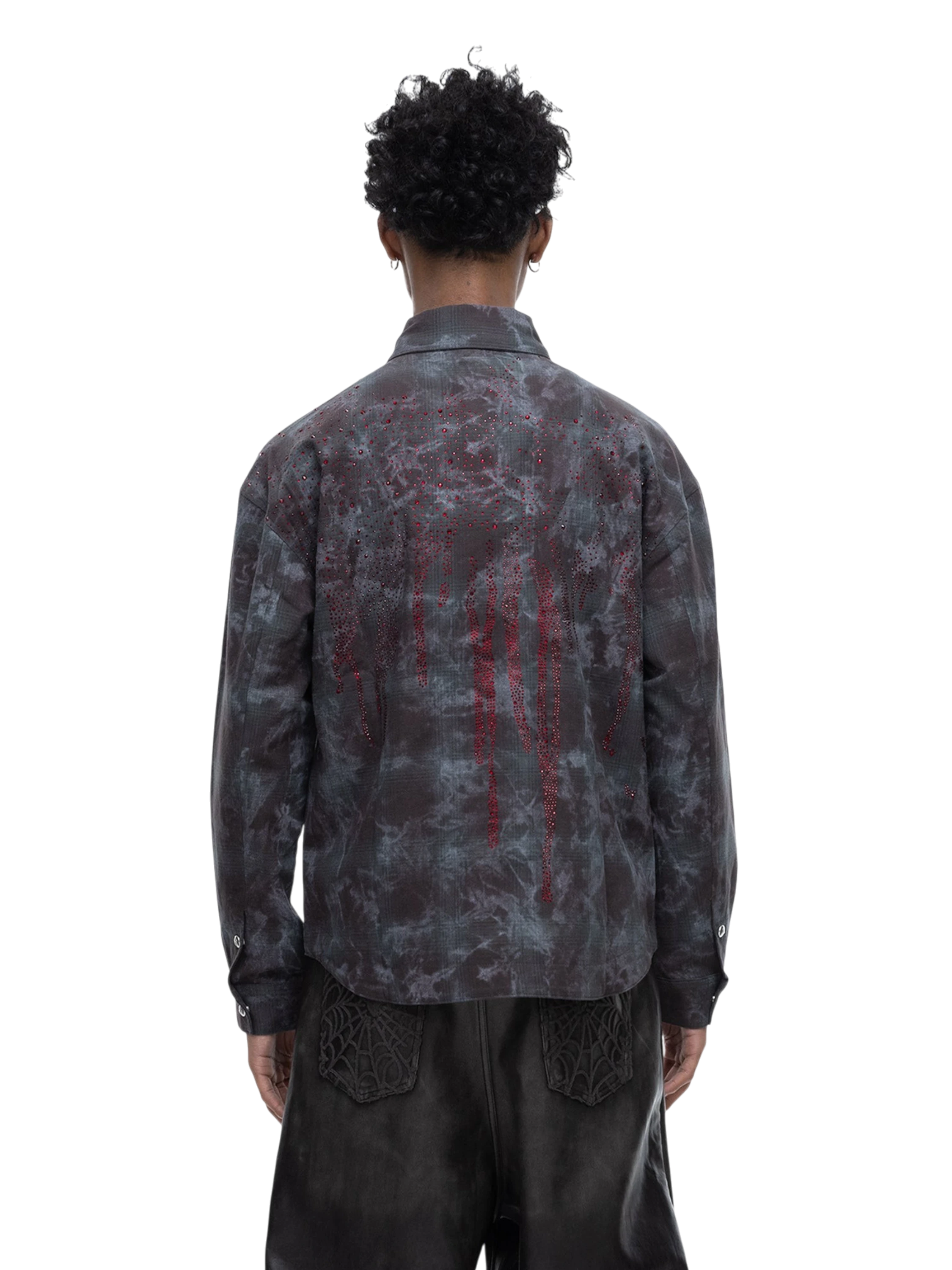 TBHNP Eclipse of the Blood Moon rhinestone buckle plaid flannel shirt — men's gothic streetwear button-up