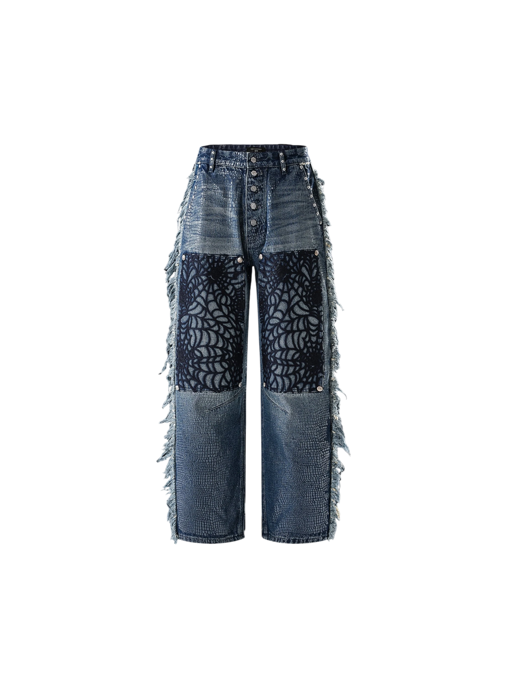 TBHNP Luminous Dawn cobweb fringed baggy jeans — men's streetwear denim