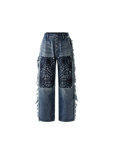 TBHNP Luminous Dawn cobweb fringed baggy jeans — men's streetwear denim