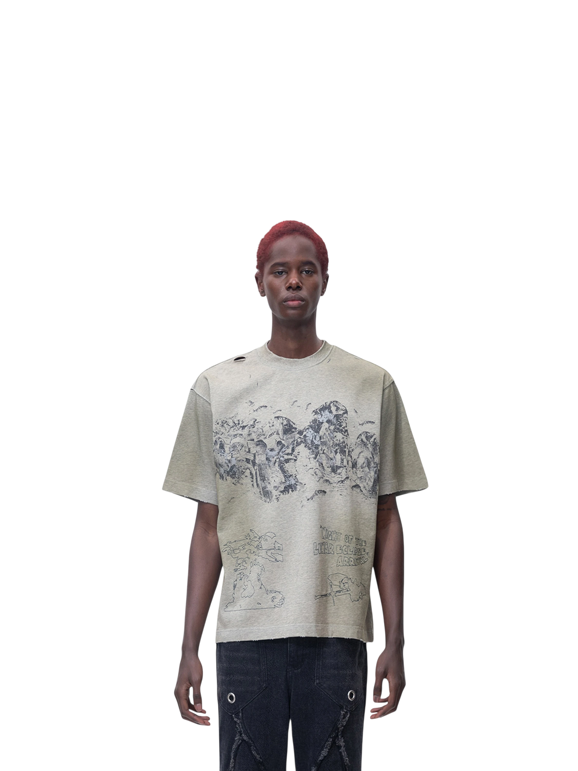 Model wearing TBHNP floral-grey arrival short-sleeve tee, front — men's streetwear tee