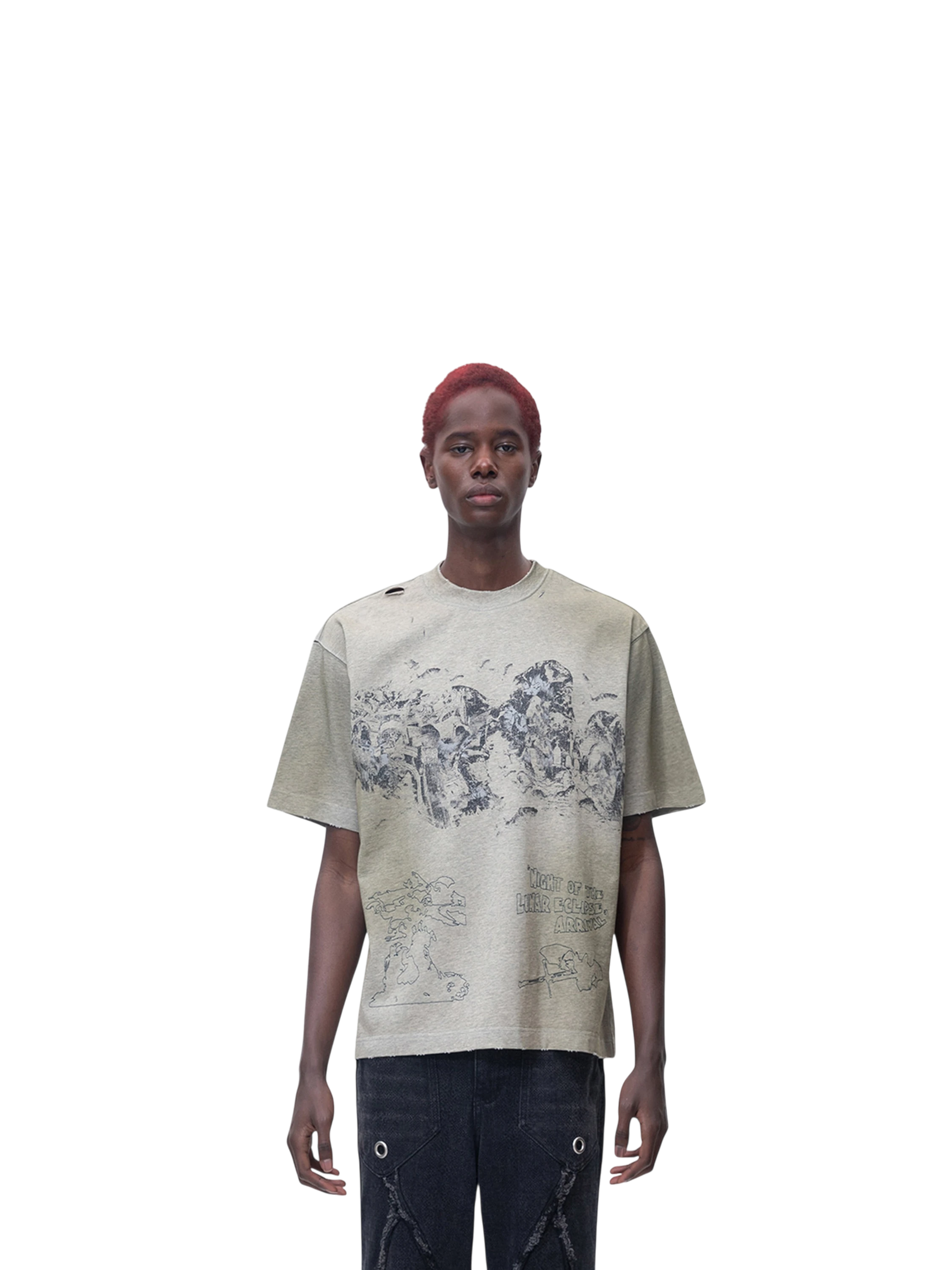 Model wearing TBHNP floral-grey arrival short-sleeve tee, front — men's streetwear tee
