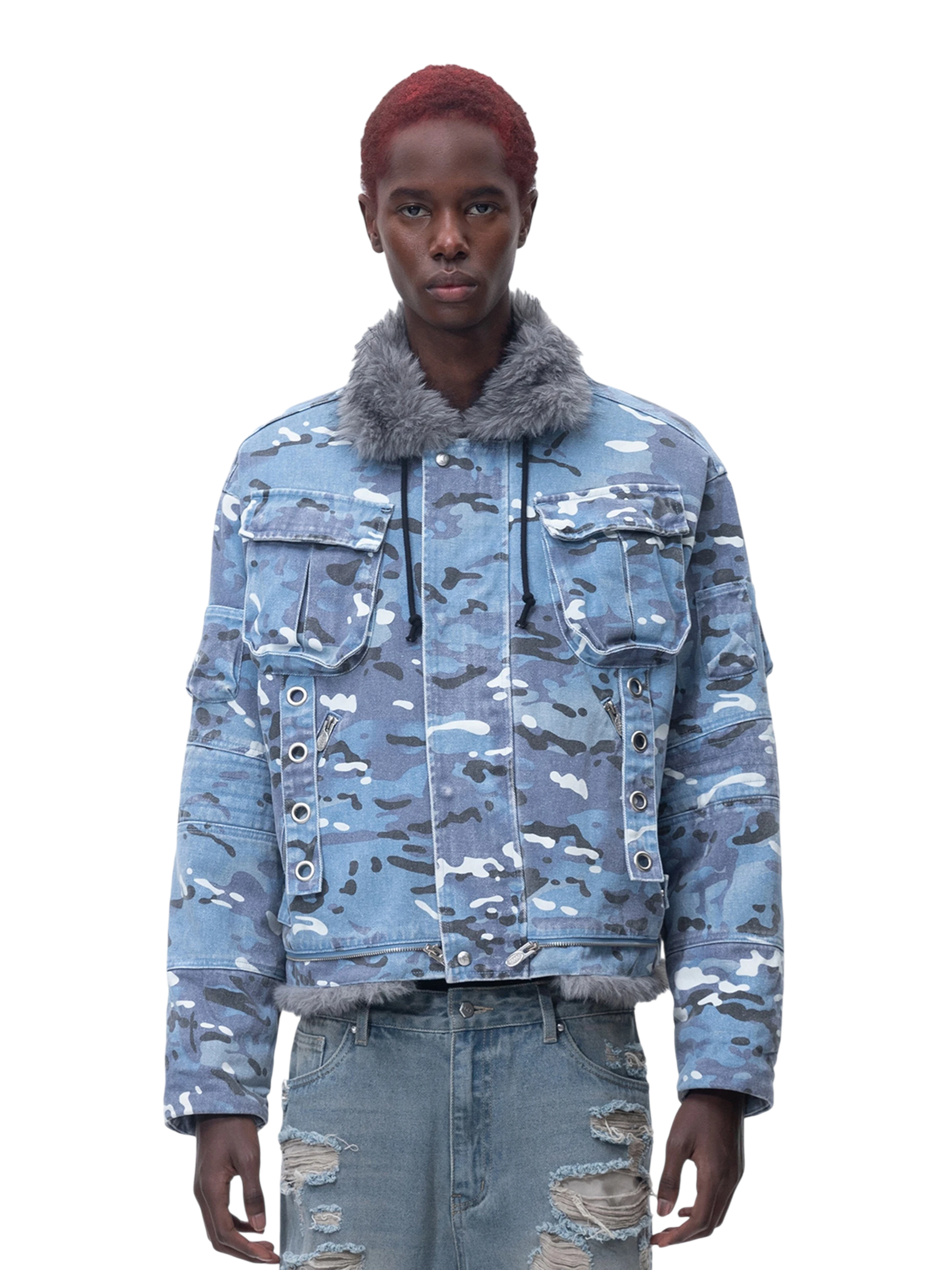 TBHNP Eclipse of the Blood Moon blue camo padded fur-collar jacket — men's streetwear jacket