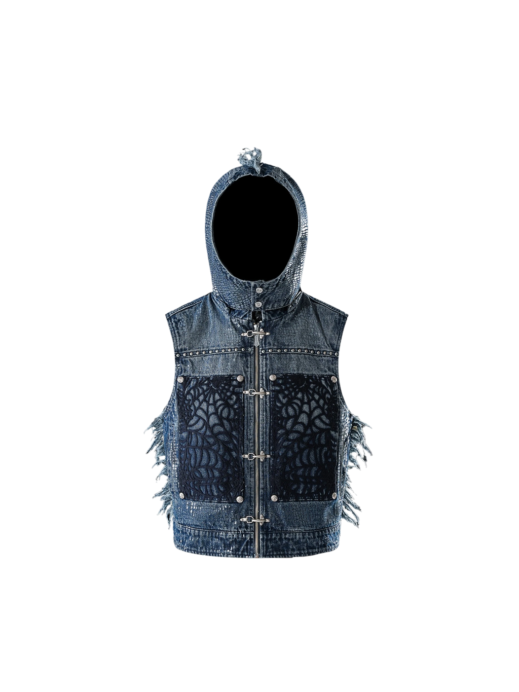 TBHNP Luminous Dawn cobweb distressed denim vest — men's streetwear vest