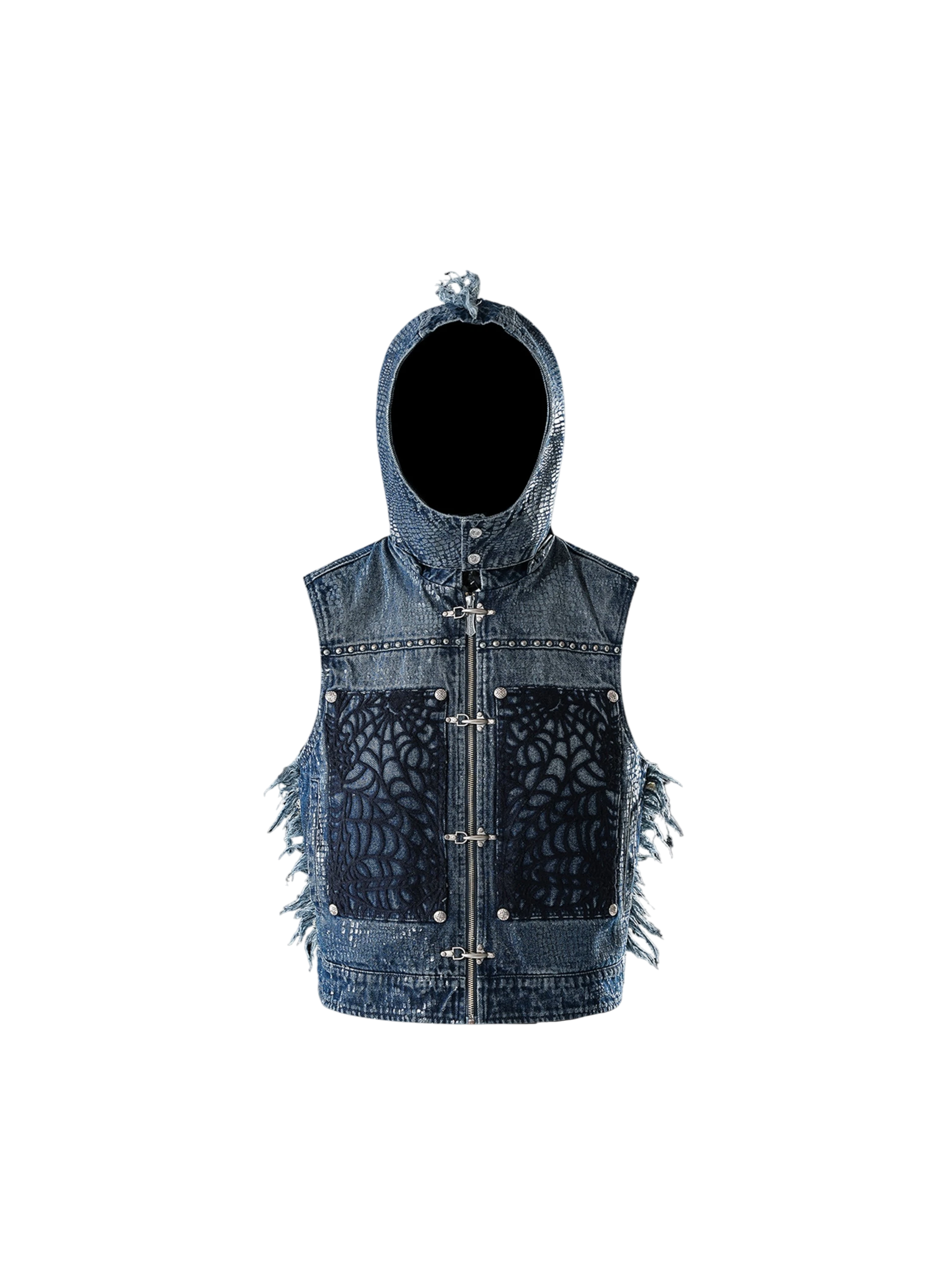 TBHNP Luminous Dawn cobweb distressed denim vest — men's streetwear vest