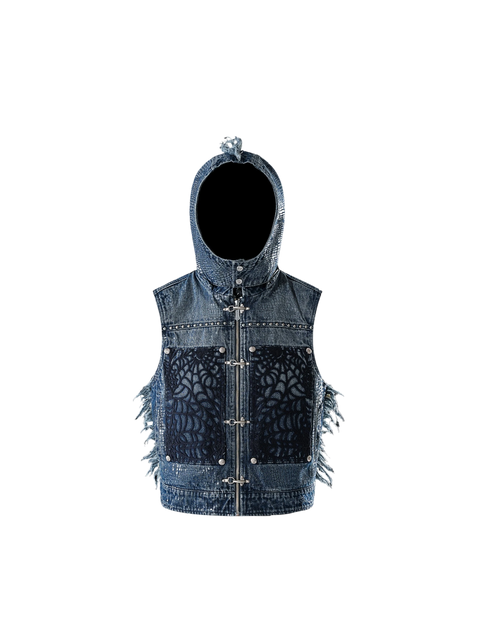 TBHNP Luminous Dawn cobweb distressed denim vest — men's streetwear vest