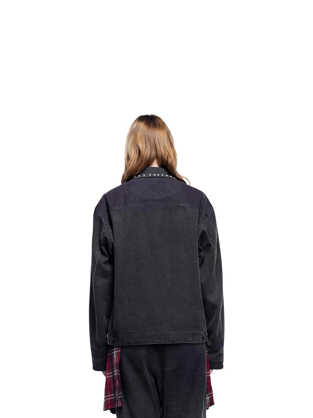 Model wearing TBHNP black spray-painted blazer, back view — men's streetwear blazer