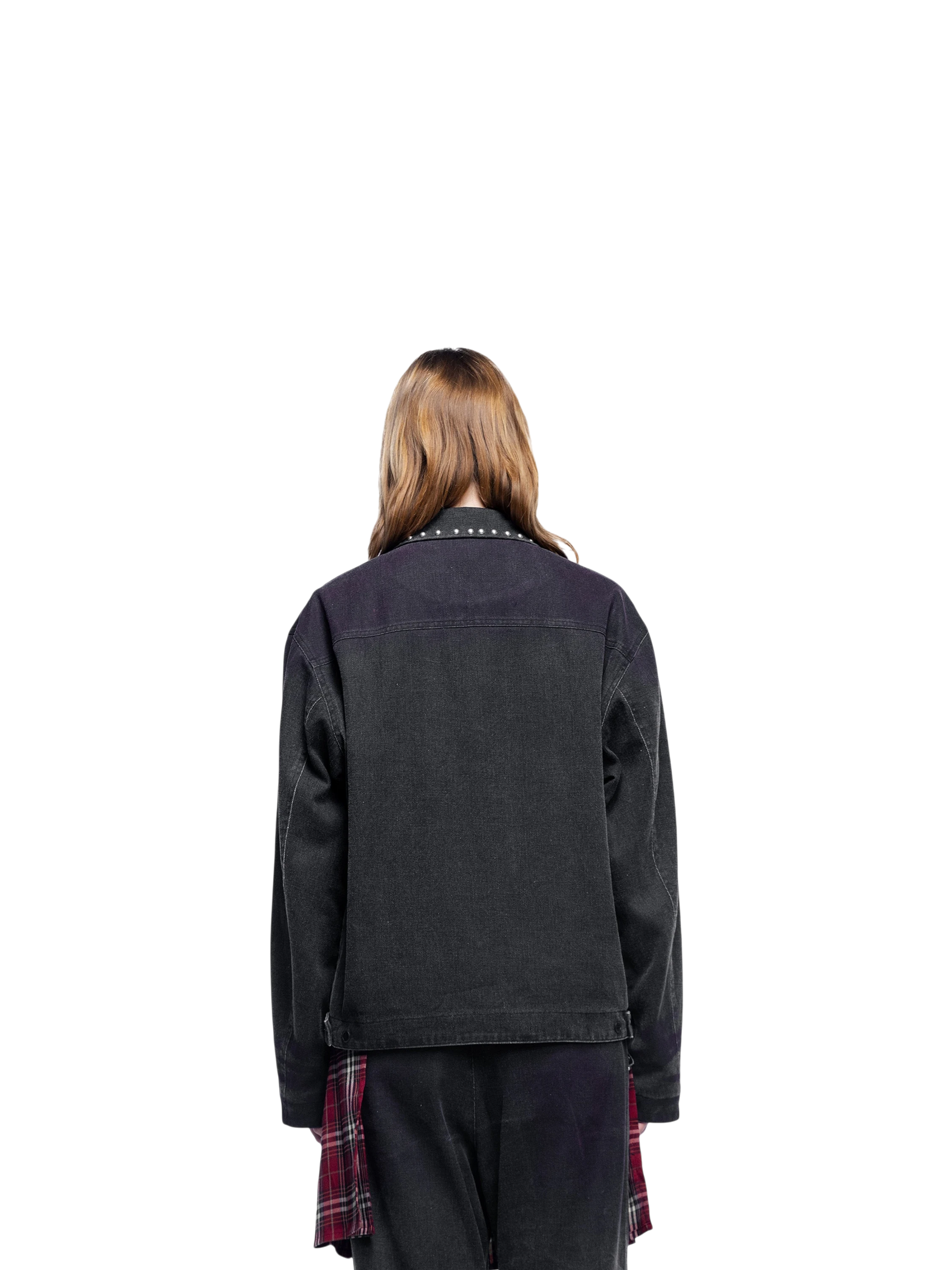 Model wearing TBHNP black spray-painted blazer, back view — men's streetwear blazer