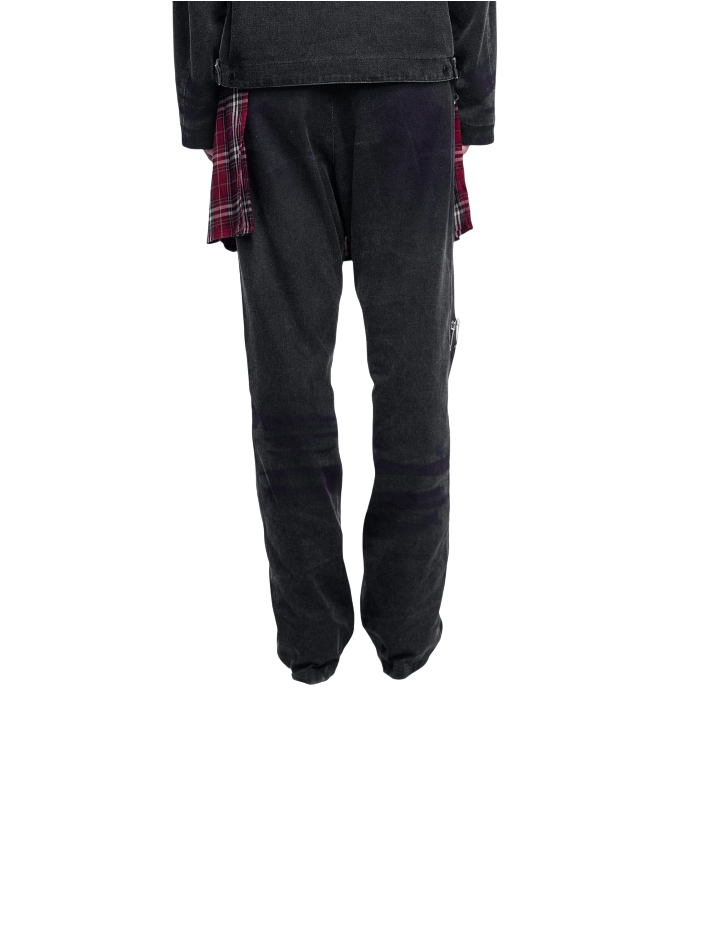 Model in TBHNP spray-washed skirt trousers, side view — men's streetwear pants