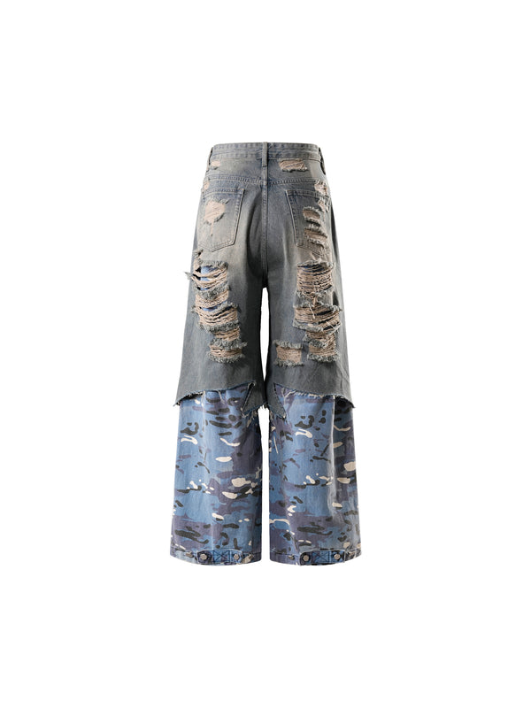 ECLIPSE OF THE BLOOD MOON DISTRESSED DENIM BLUE CAMOUFLAGE LAYERED PANTS