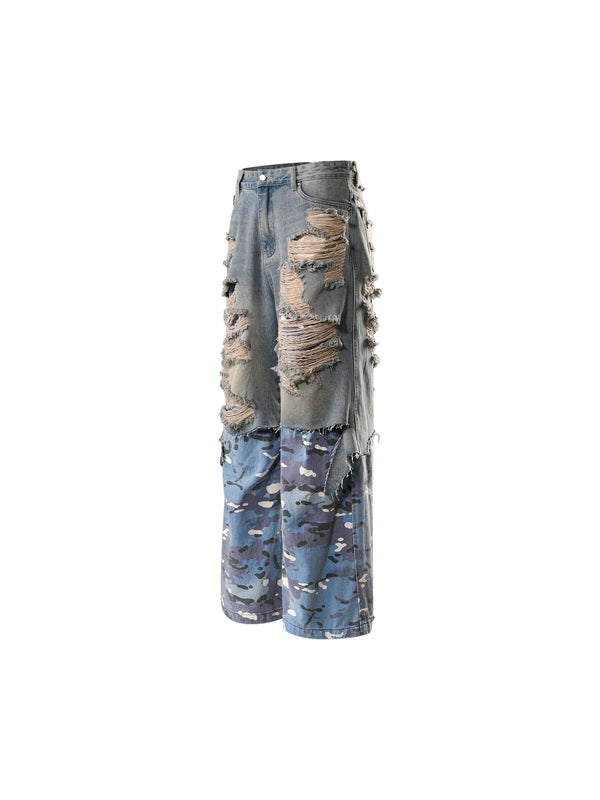 ECLIPSE OF THE BLOOD MOON DISTRESSED DENIM BLUE CAMOUFLAGE LAYERED PANTS