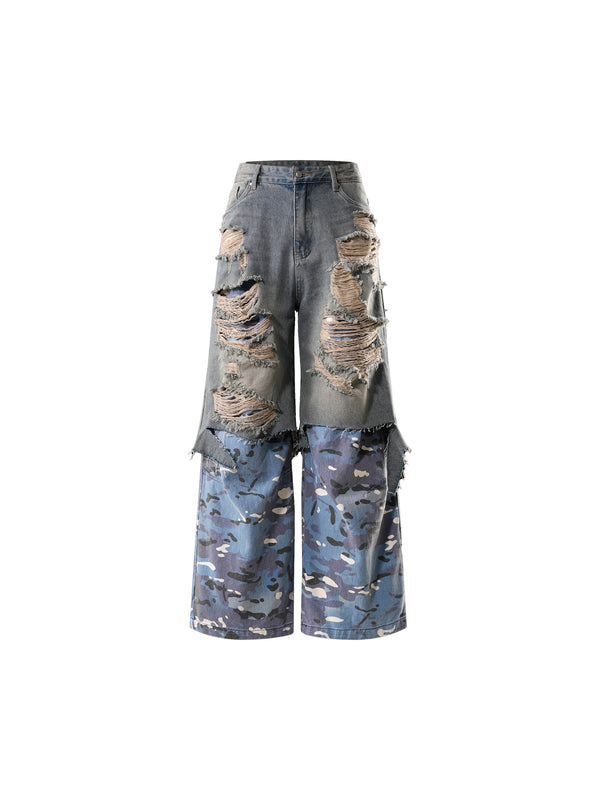 ECLIPSE OF THE BLOOD MOON DISTRESSED DENIM BLUE CAMOUFLAGE LAYERED PANTS