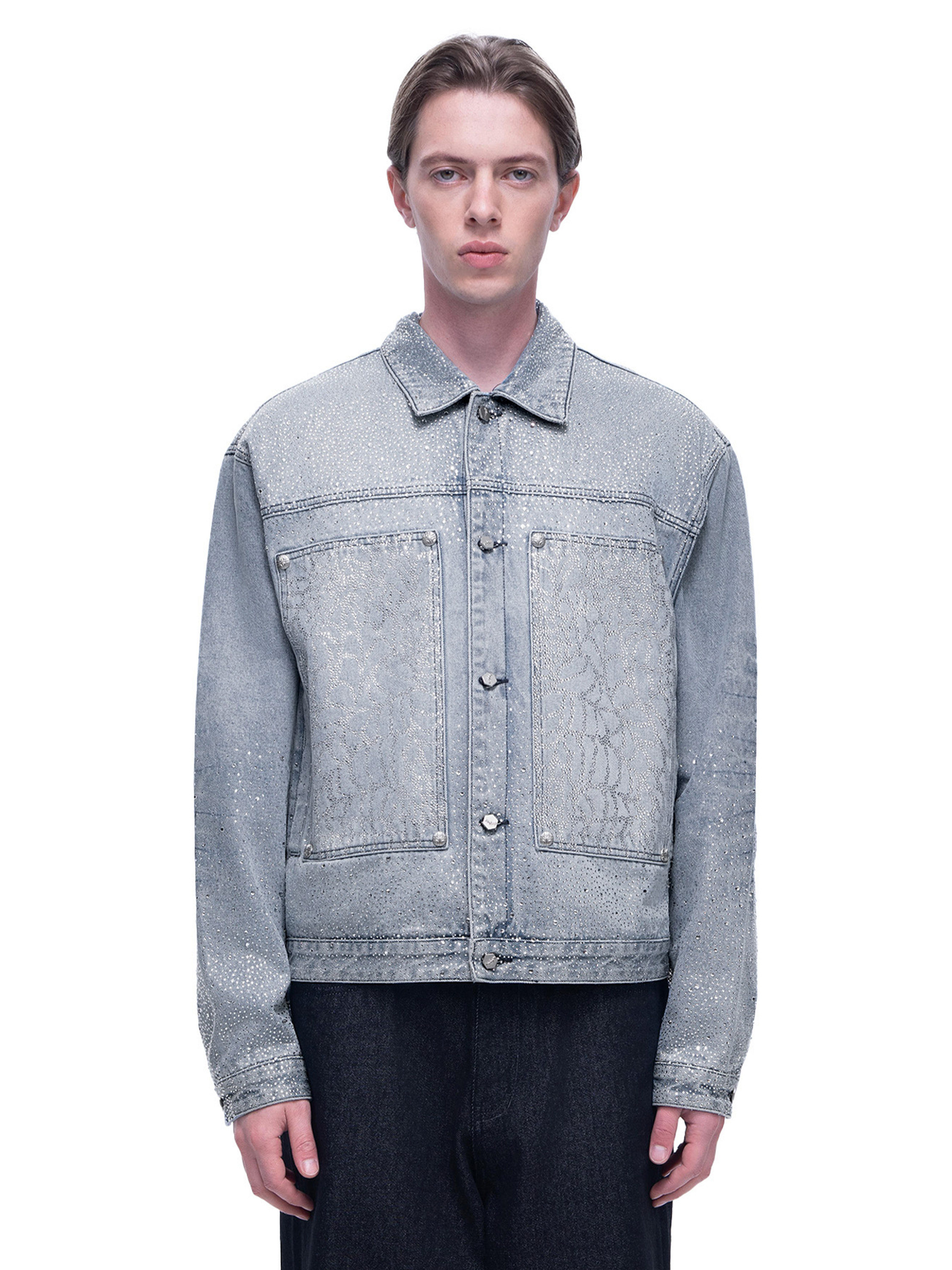 LUMINOUS DAWN RHINESTONE PEARL MESH DENIM JACKET