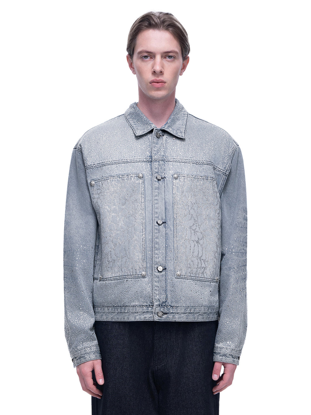 LUMINOUS DAWN RHINESTONE PEARL MESH DENIM JACKET