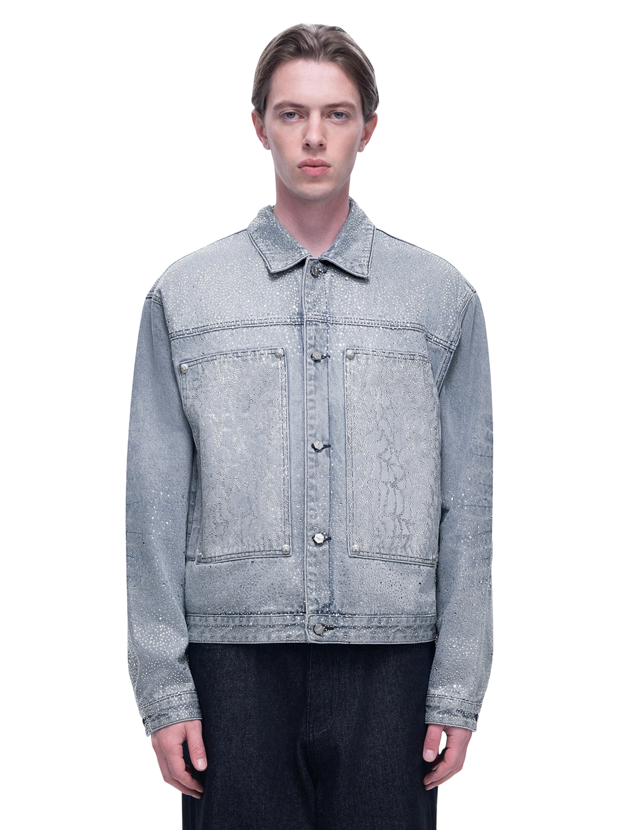TBHNP Luminous Dawn rhinestone denim trucker jacket, blue — men's streetwear jacket