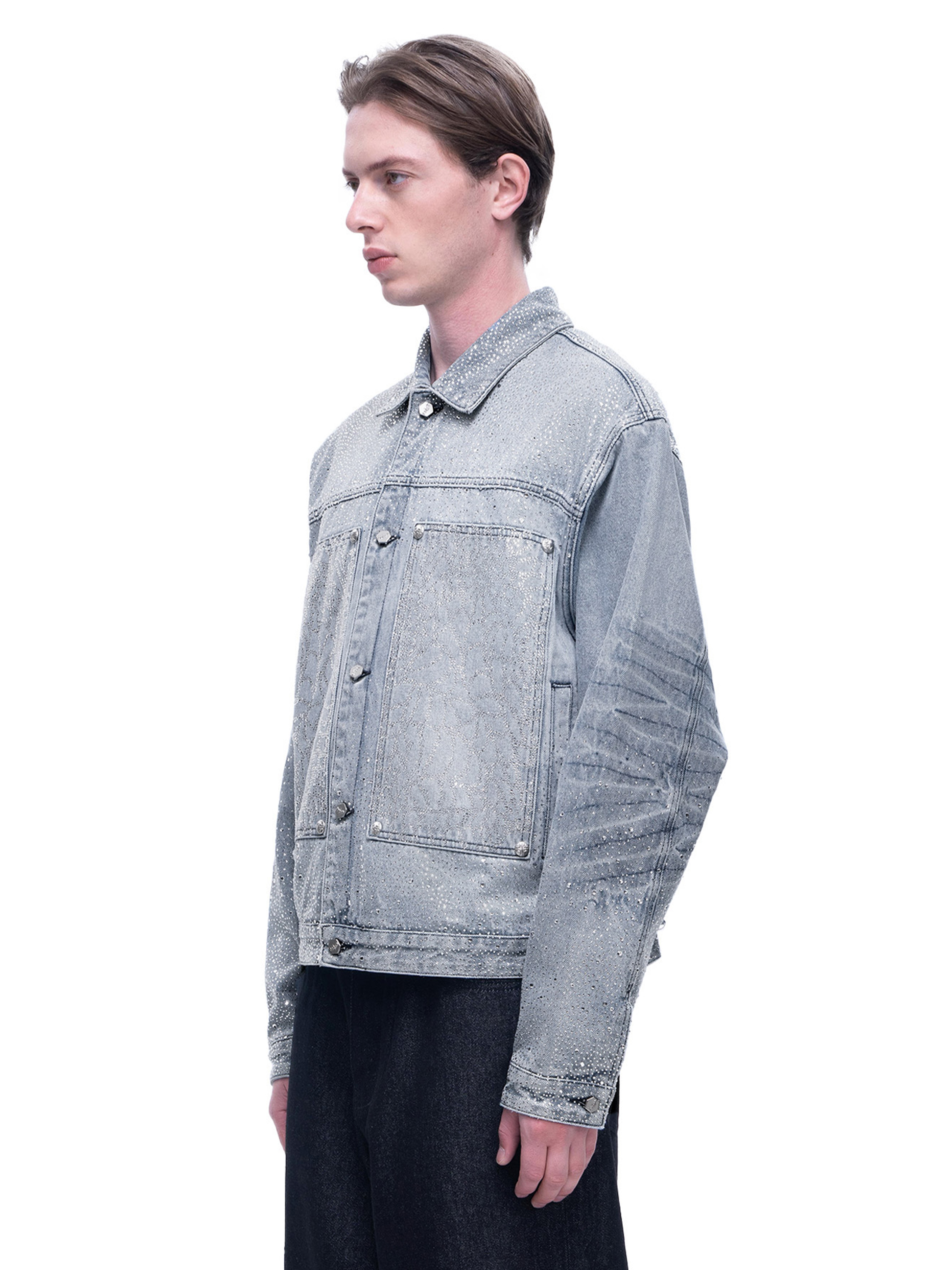 LUMINOUS DAWN RHINESTONE PEARL MESH DENIM JACKET