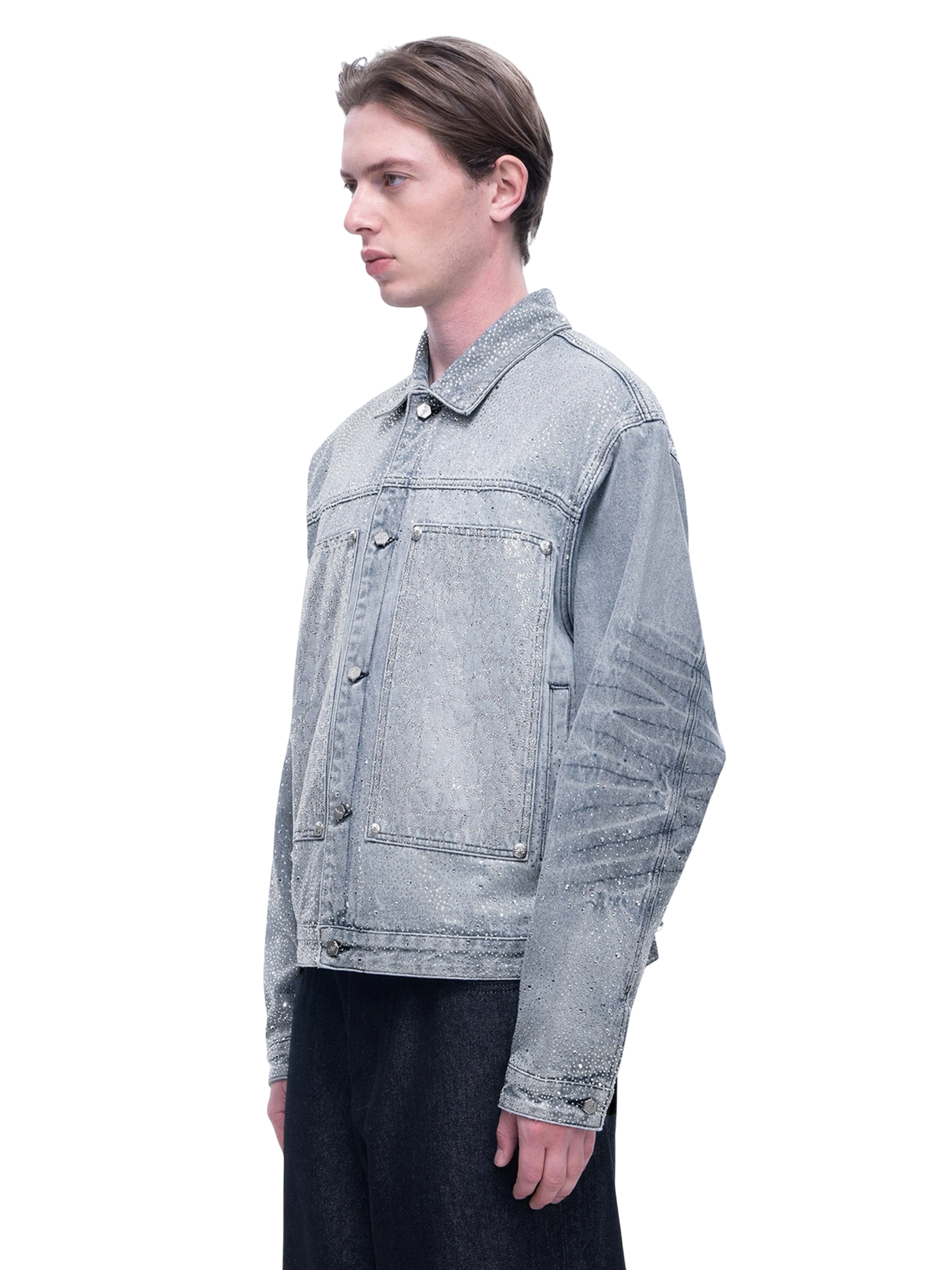 TBHNP Luminous Dawn rhinestone denim trucker jacket, blue — men's streetwear jacket