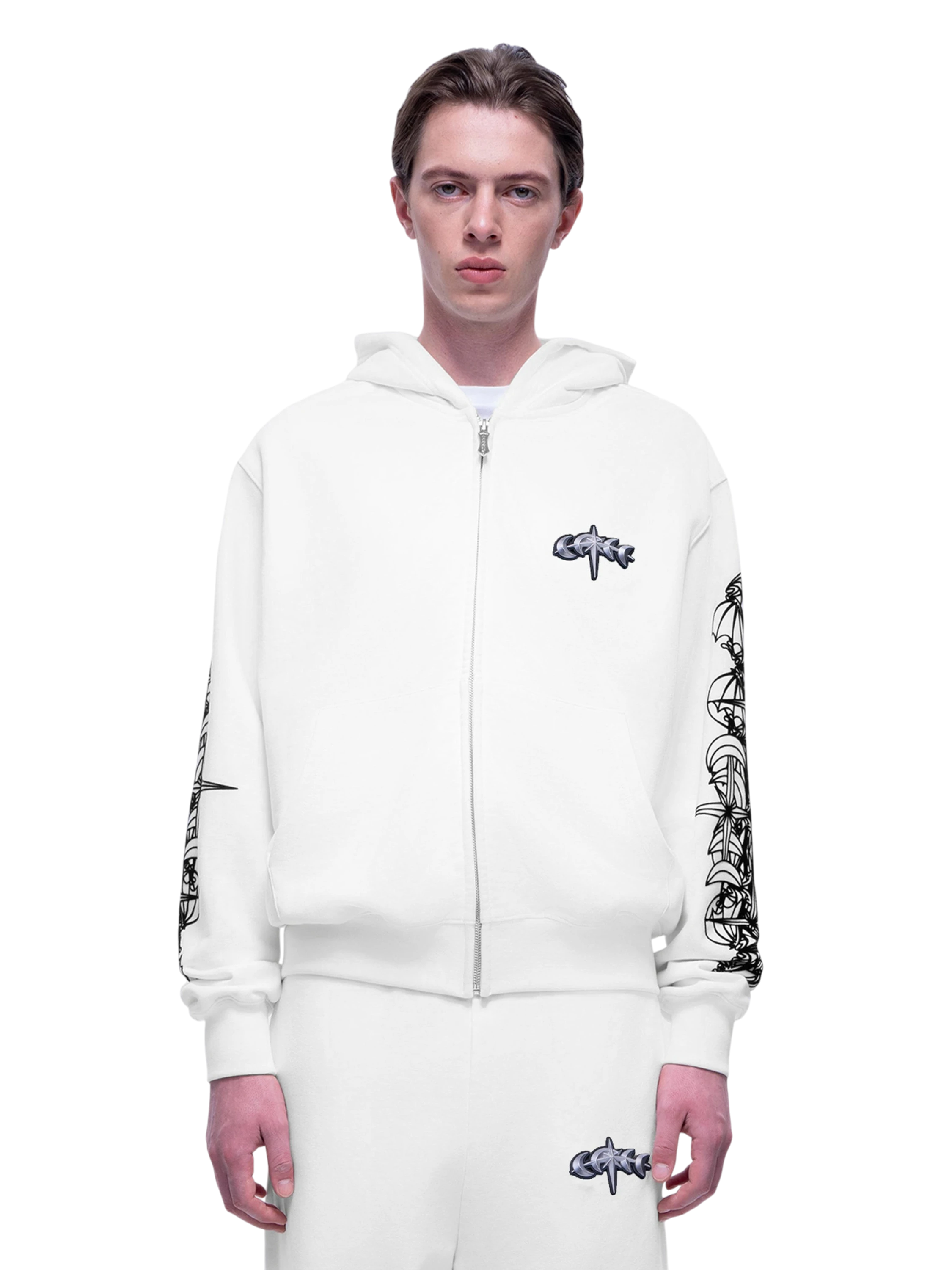 TBHNP Luminous Dawn astral logo flocked zip-up hoodie — men's streetwear hoodie