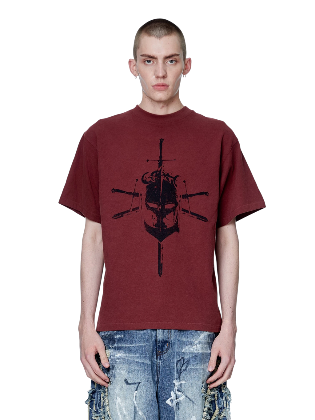 Model wearing TBHNP red Knight & Sword tee, front — men's streetwear tee