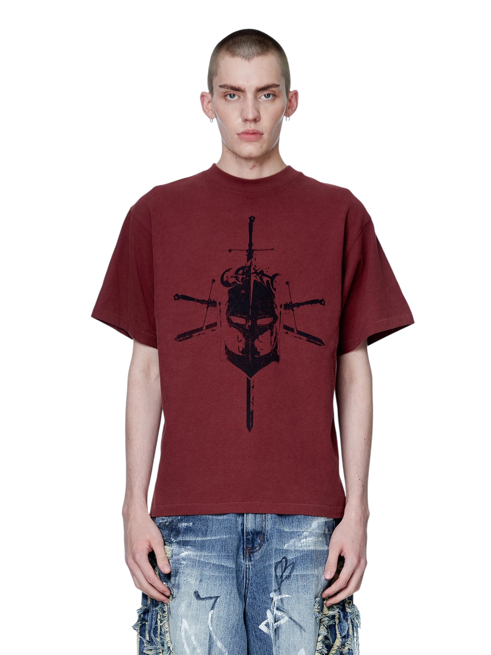 Model wearing TBHNP red Knight & Sword tee, front — men's streetwear tee