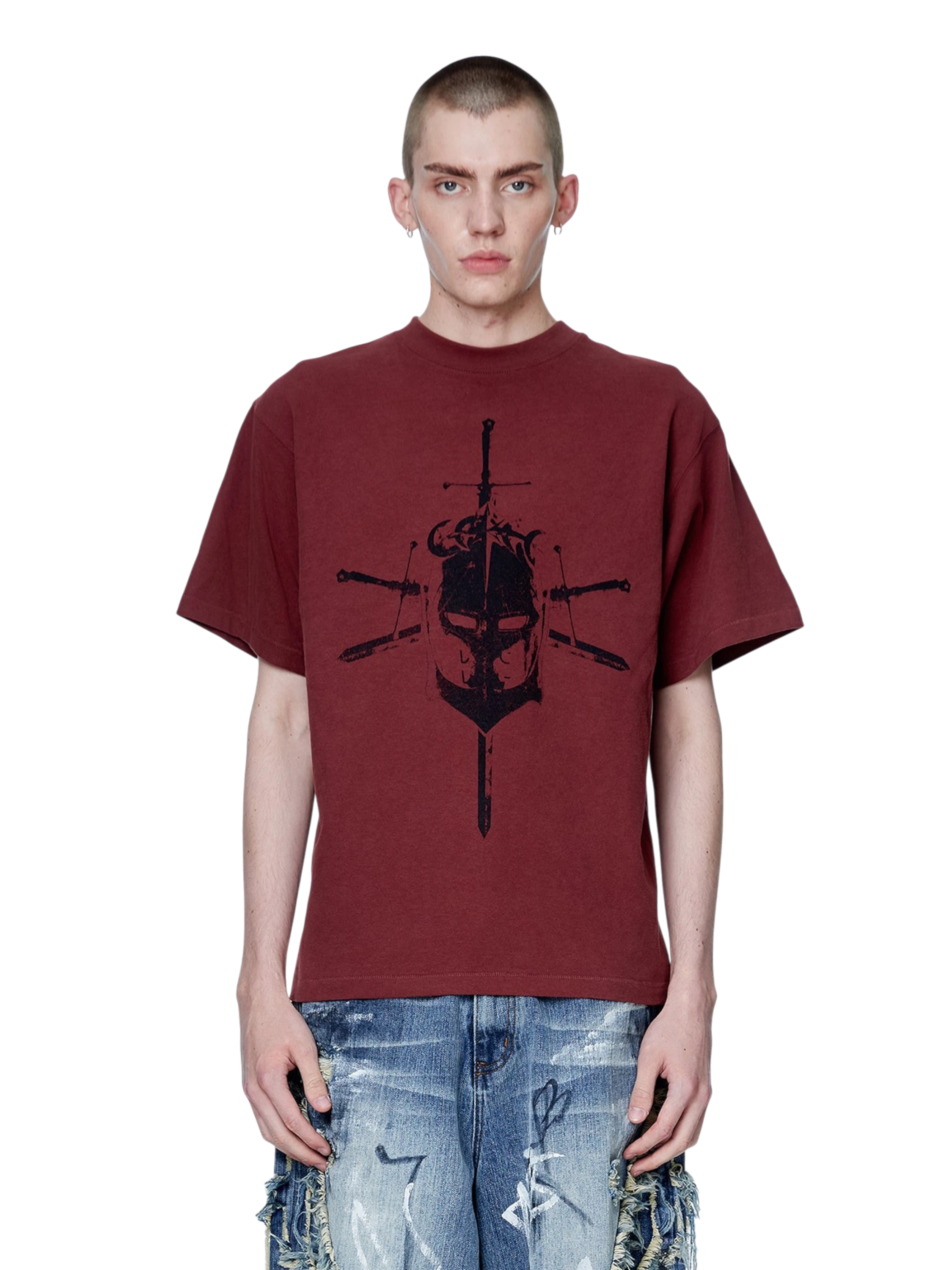 Model wearing TBHNP red Knight & Sword tee, front — men's streetwear tee
