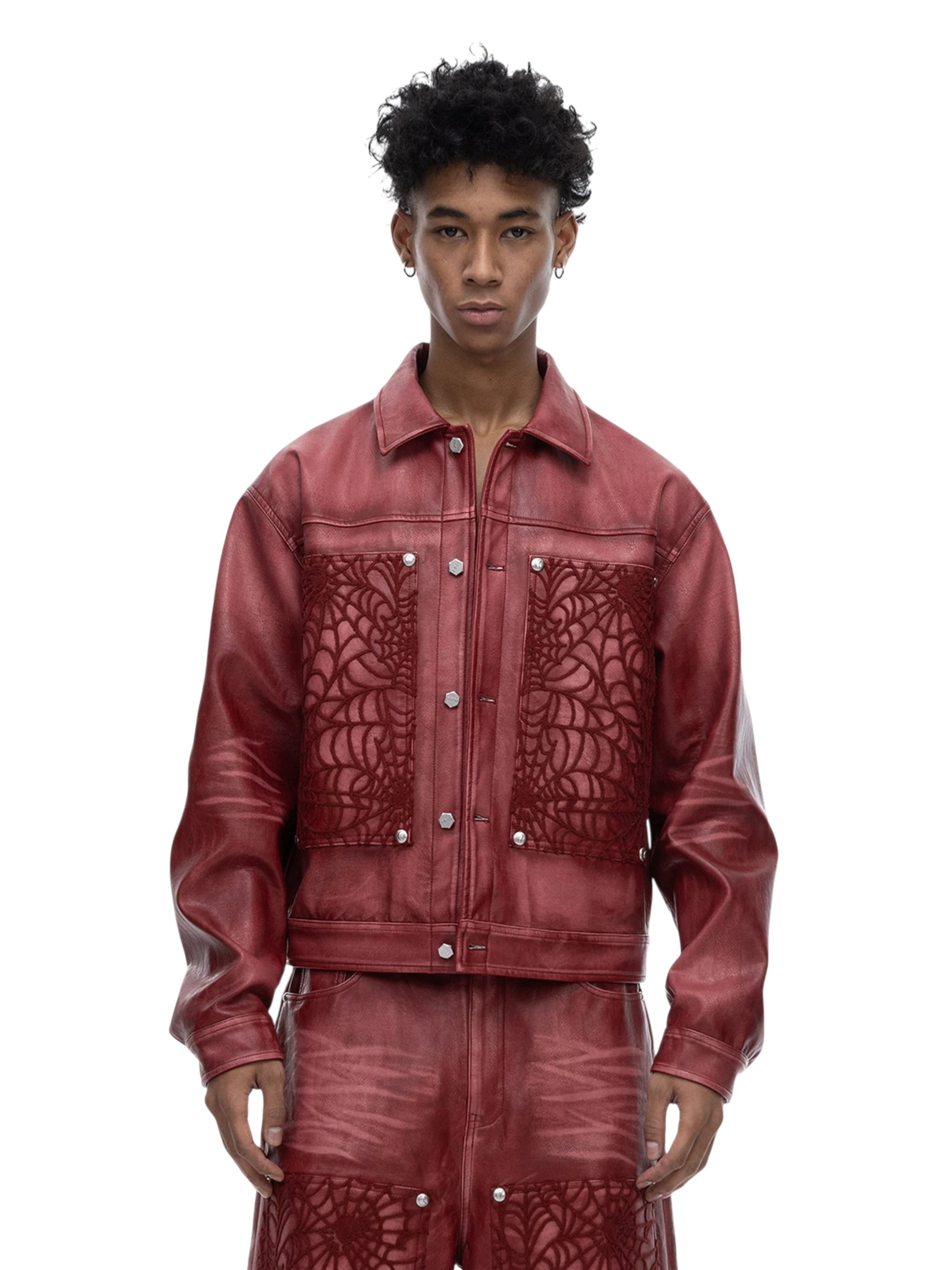 TBHNP Eclipse of the Blood Moon cobweb embroidered faux leather jacket — men's gothic streetwear jacket