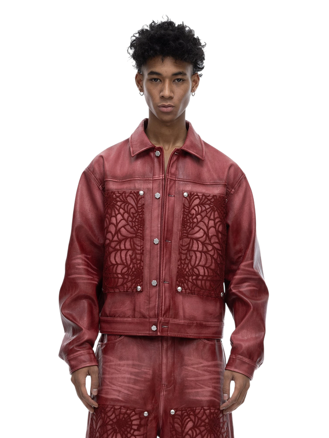 COBWEB EMBROIDERED FAUX LEATHER JACKET