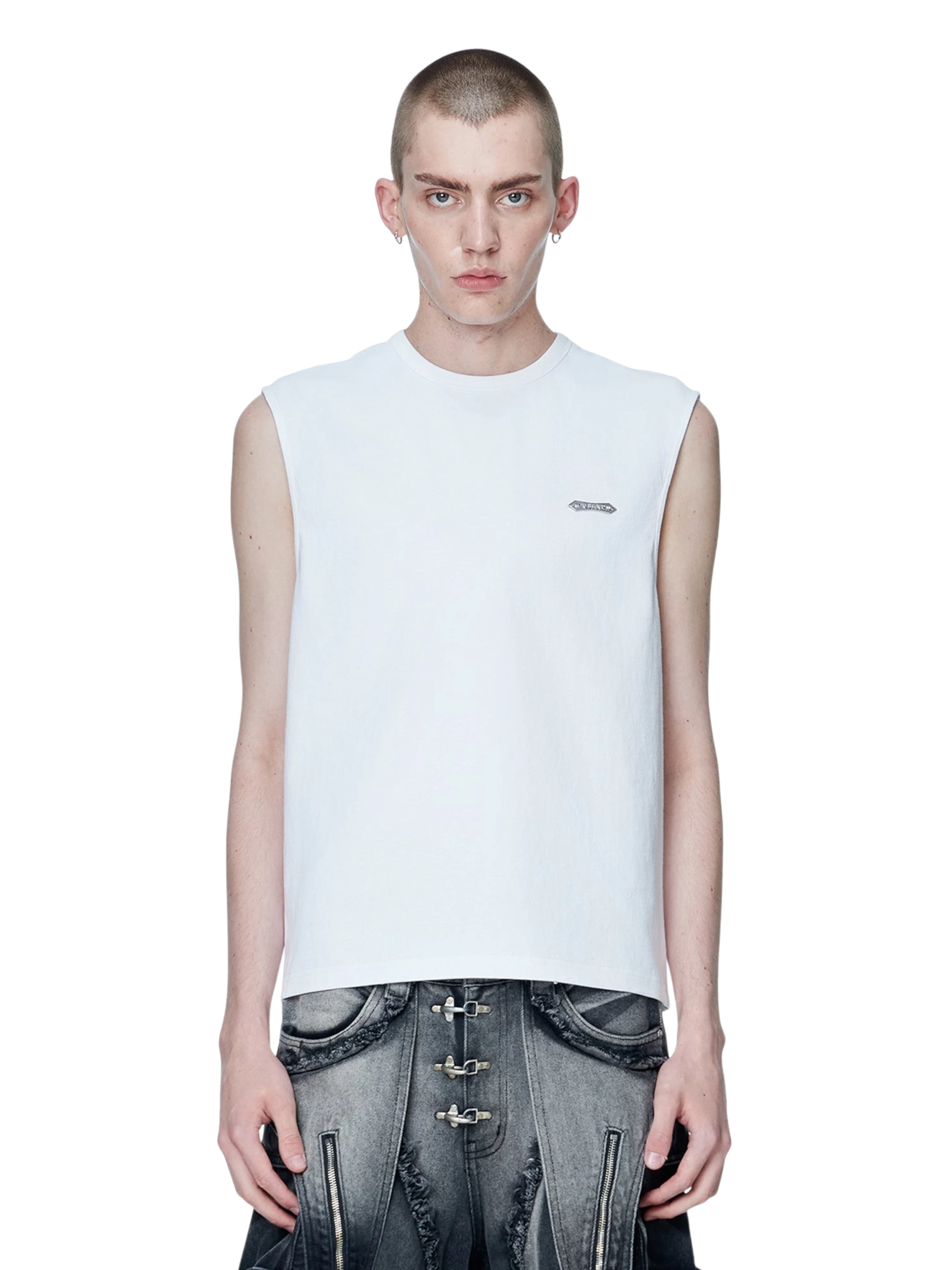 Model wearing TBHNP white Astral Logo Shadowbat vest, front — men's streetwear sleeveless tee