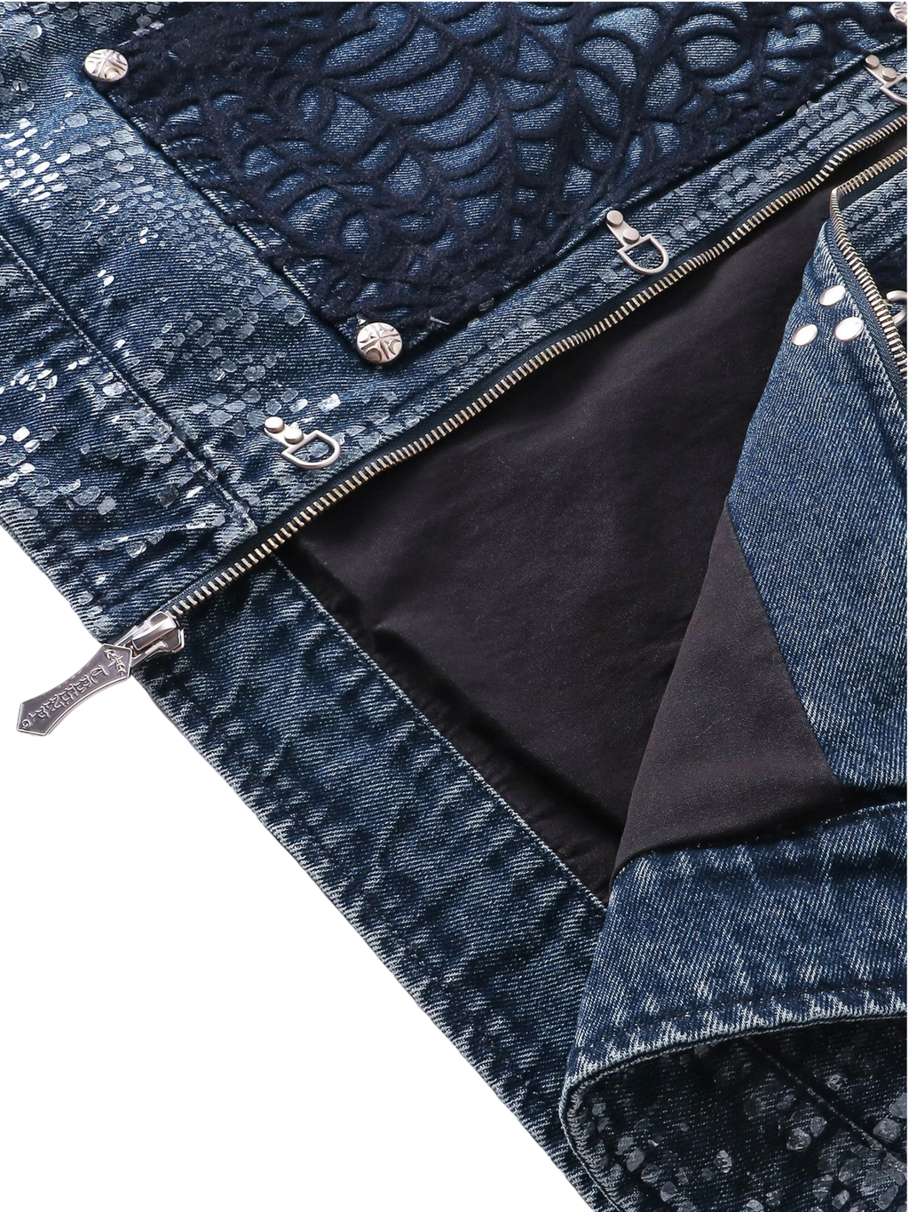 TBHNP Luminous Dawn cobweb distressed denim vest — men's streetwear vest